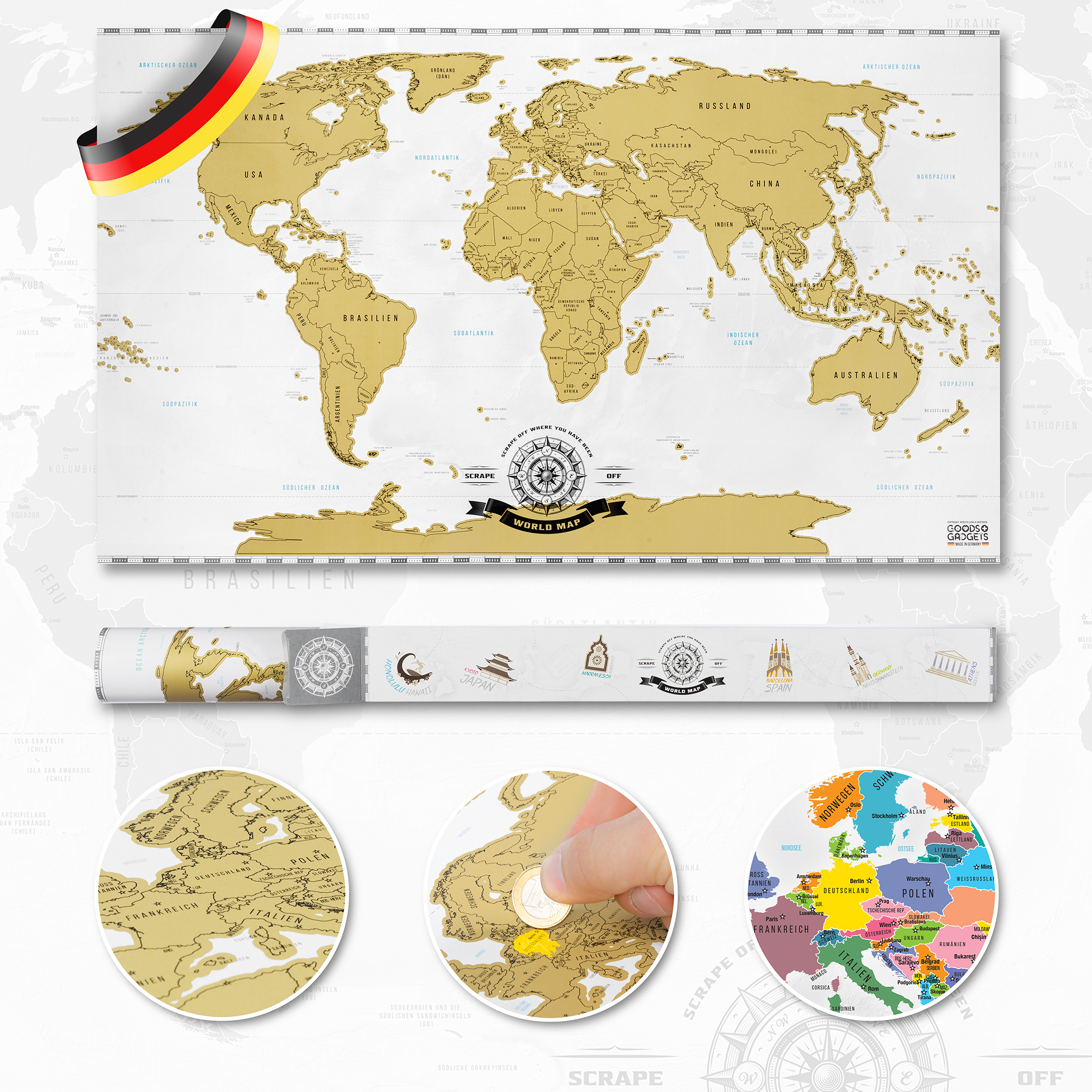 Rubbel Weltkarte Scrape Off World Map Poster-Karte Landkarte zum Rubbeln Xmas DE