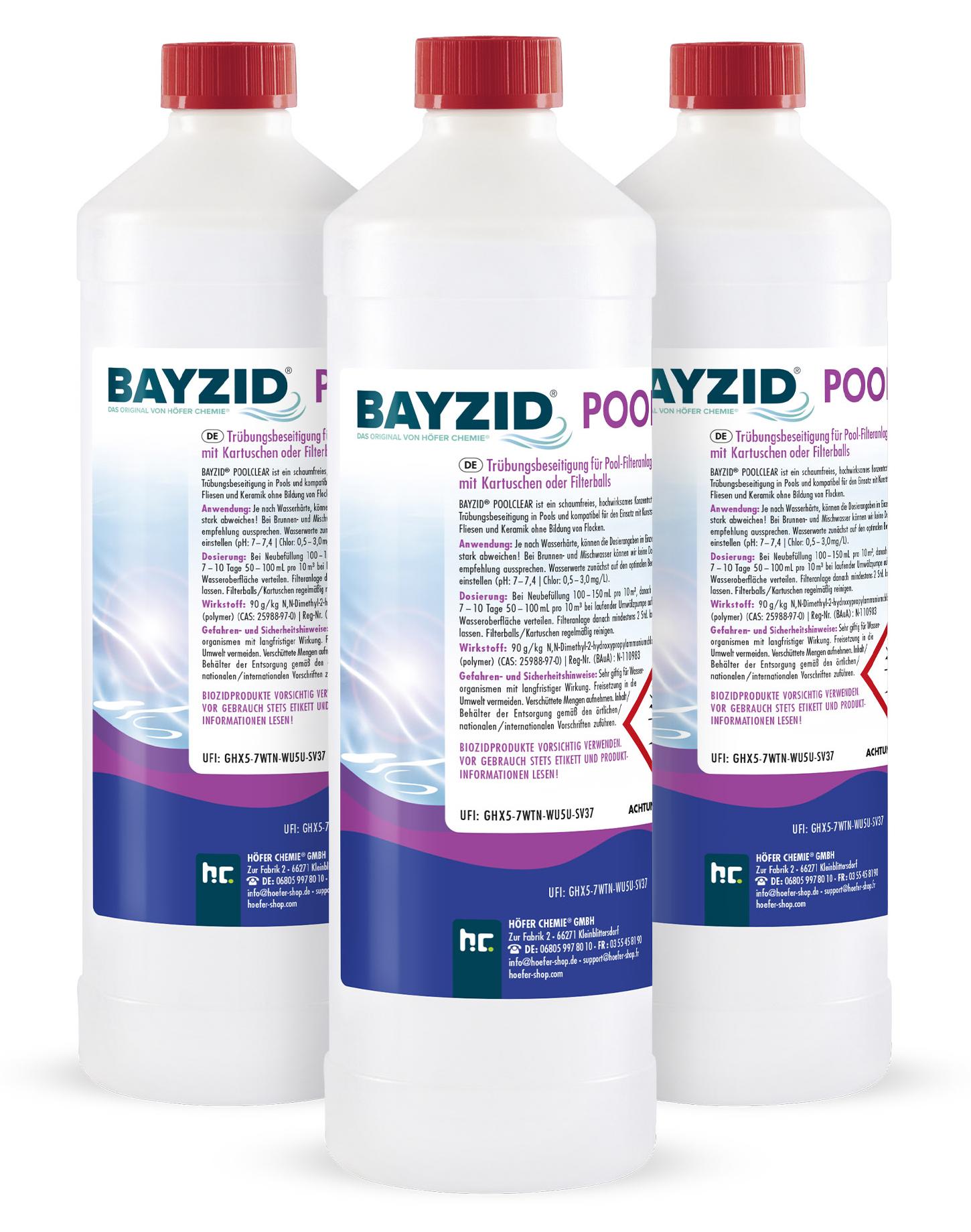 Höfer Chemie 3x1 L BAYZID® Poolclear Trübungsbeseitigung für Pool-Filter mit Kartuschen & Filterballs