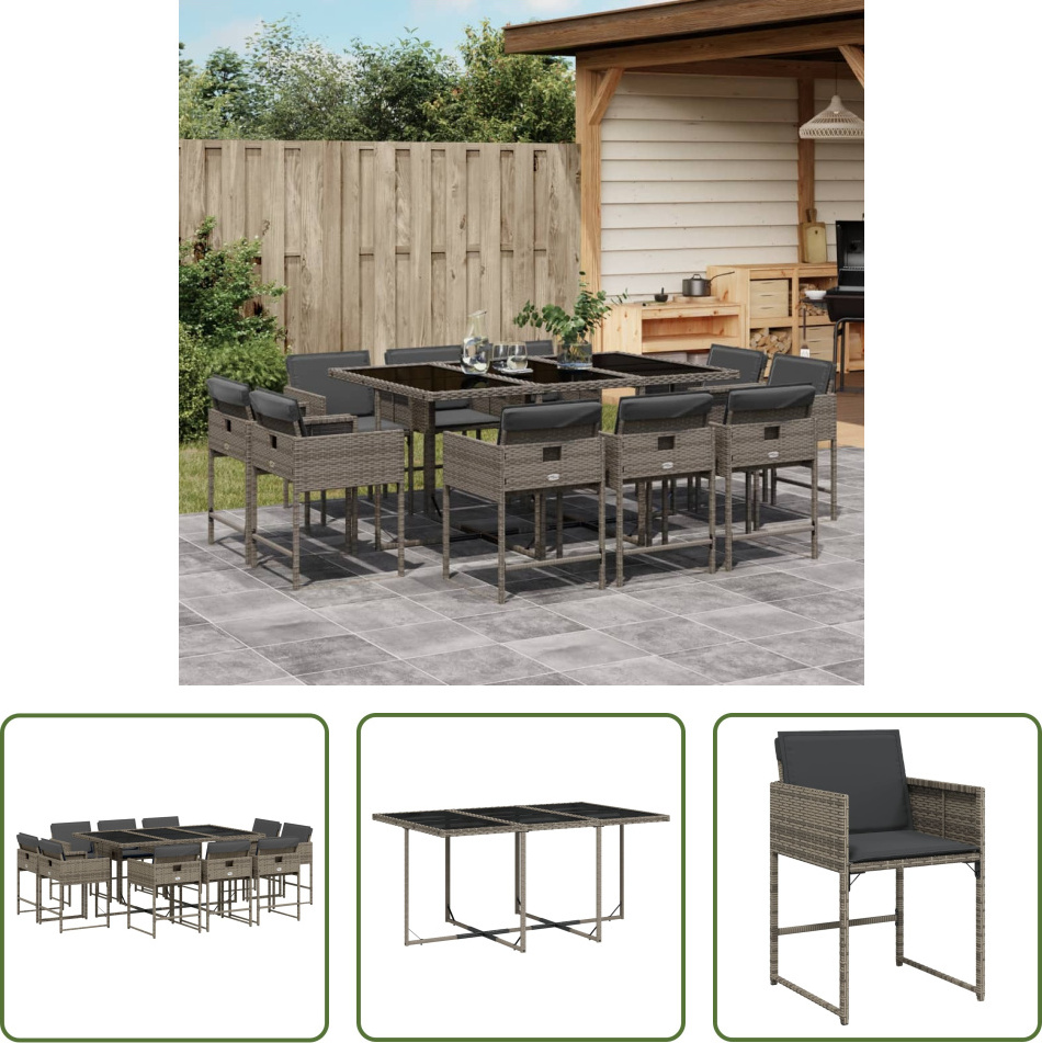 The Living Store 11-dielny záhradný jedálenský set s vankúšmi sivý polyratan