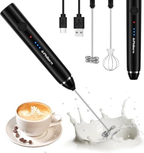 Philorn Milk Frother Stick, elektrický tyčový ručný šľahač, 3-rýchlostný USB-C dobíjací šľahač, manuálny šľahač kávy/latte/cappuccina/vajíčok