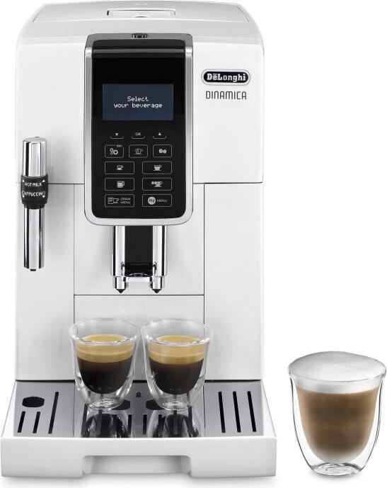 Plne automatický kávovar, DELONGHI Dinamica ECAM350.35.W, 15 bar, zásobník na kávové zrná s objemom 300 g, parná tryska, biela farba