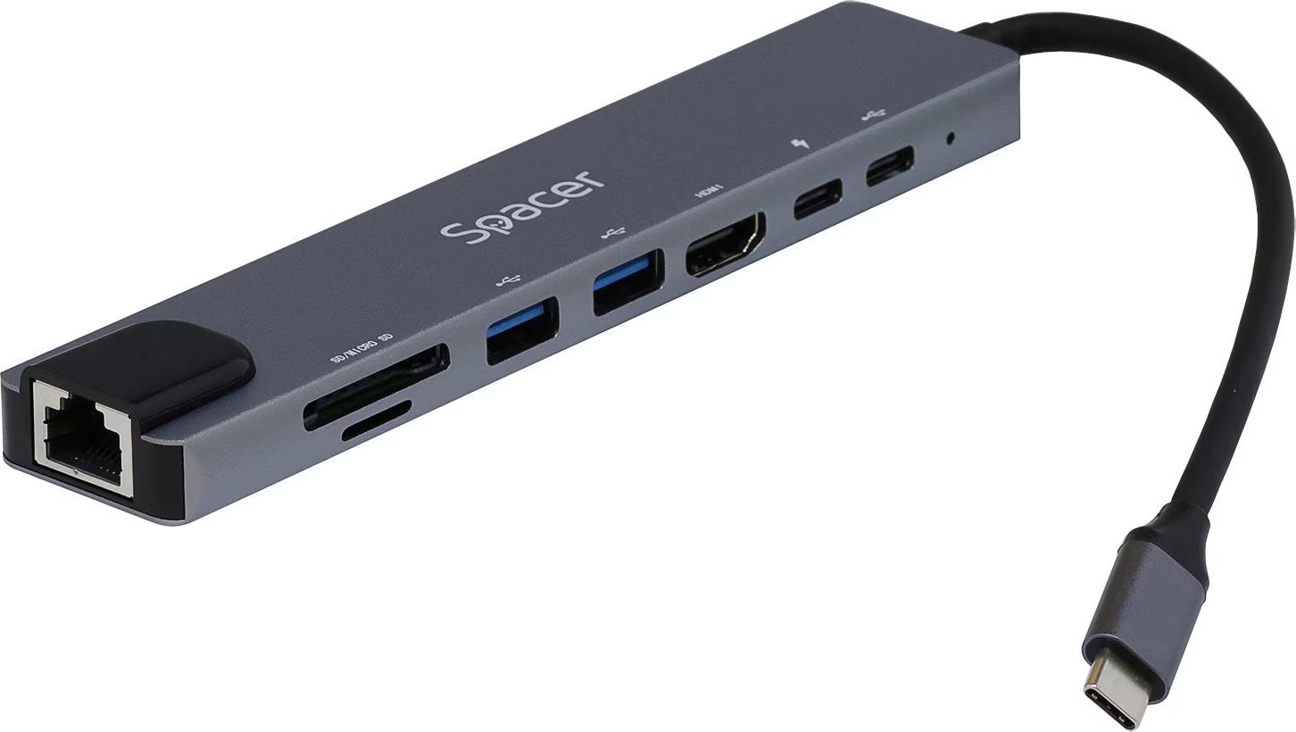 Univerzálna dokovacia stanica 8 v 1, rozpera, pripojenie typu C, USB 3.0 x 2|USB typu C x 1|PD 87W x 1|HDMI x 1 4K (30Hz)|RJ-45 (1000MHz/s)| SD karta x 1| TF (MicroSD) x 1, hliník, sivá