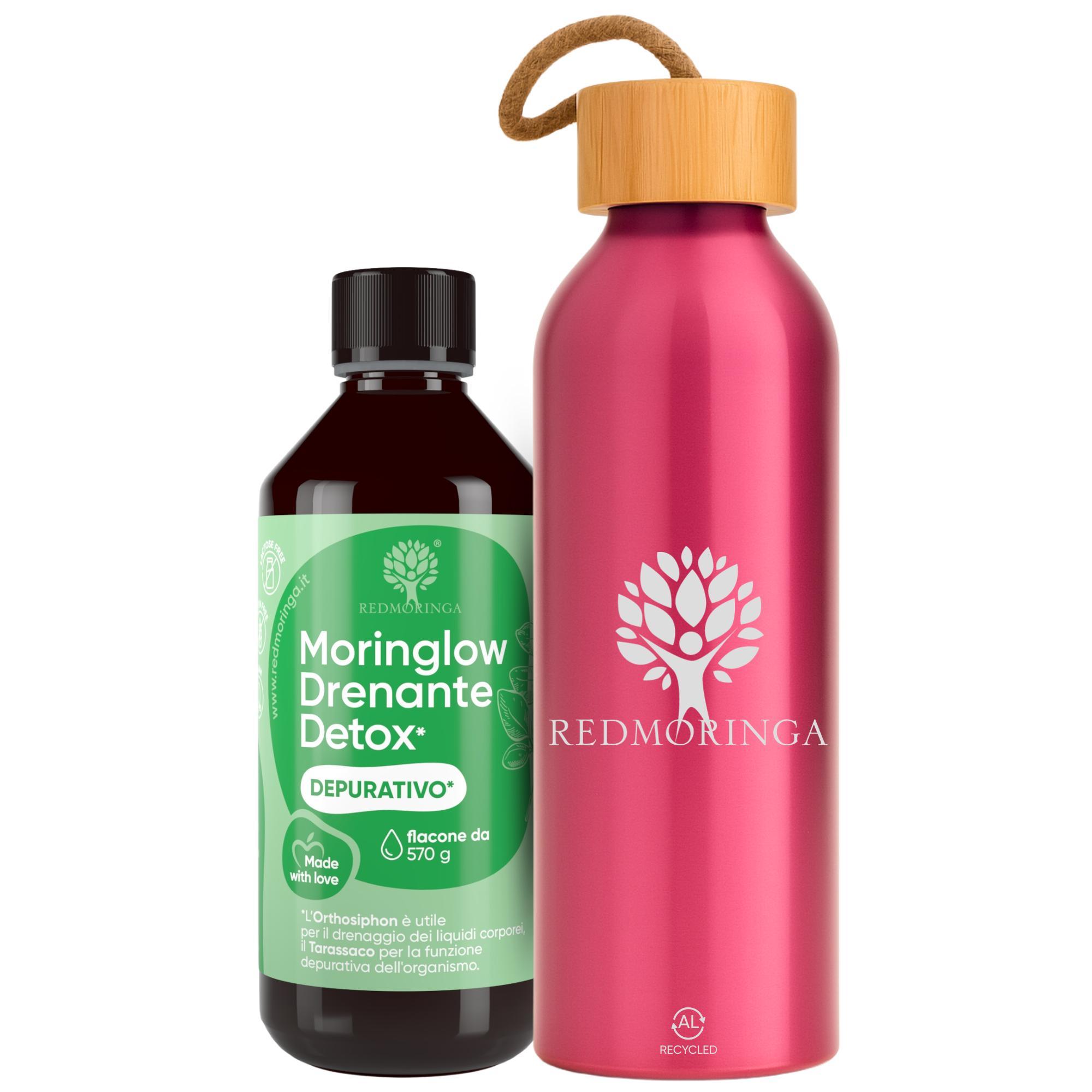 RedMoringa Moringlow -Moringa Entwässerung + Trinkflasche | 11 Kräuter für Detox, Leber & Darm | Natürliches Diuretikum | Italy