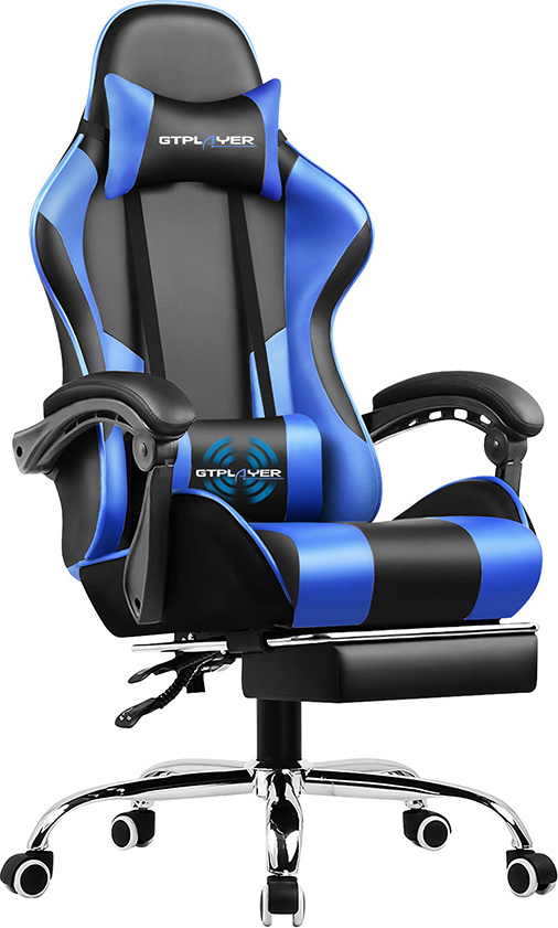 GTPLAYER Herné kreslo s opierkou na nohy a masážnym bedrovým vankúšom Kancelárske kreslo pre hráčov Ergonomické hráčske kreslo s pripojiteľnými podrúčkami s nosnosťou do 150 kg MODRÁ