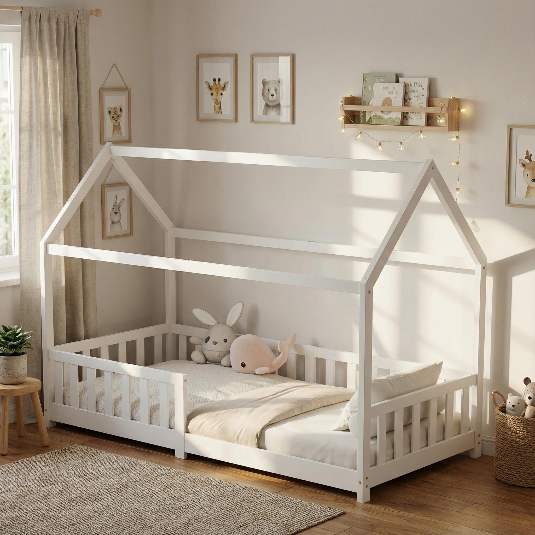EcoMI Kinderbett 90x200 mit Rausfallschutz und Lattenrost, Hausbett - Kinderbett 90x200 für Kinder - Kinderbett Hausbett 90x200 Weiß