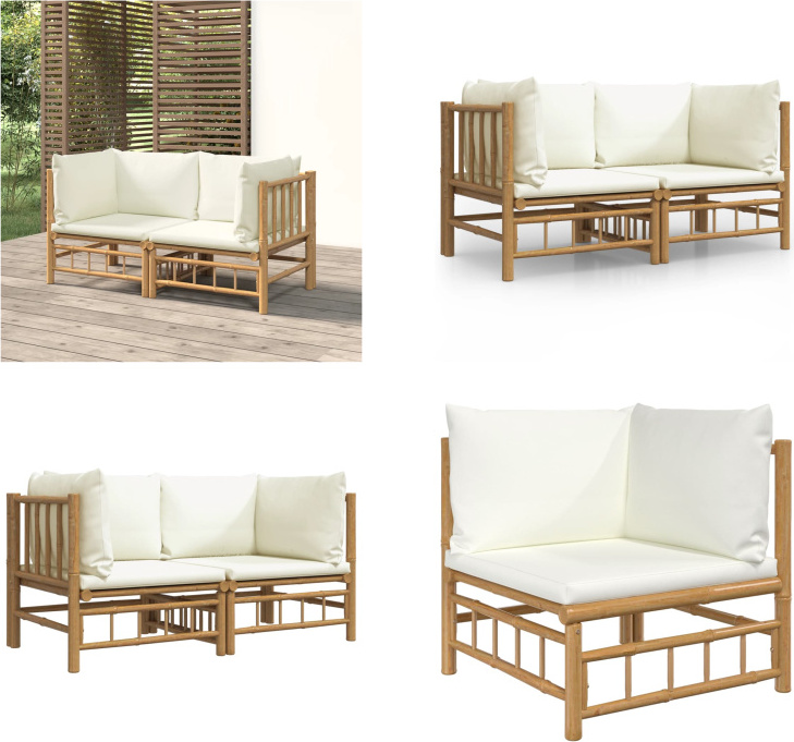 vidaXL Záhradné rohové pohovky s krémovo bielymi vankúšmi 2 ks. Bambus - Rohová záhradná pohovka - Rohové záhradné pohovky - Rohová vonkajšia pohovka - Rohová pohovka na terasu