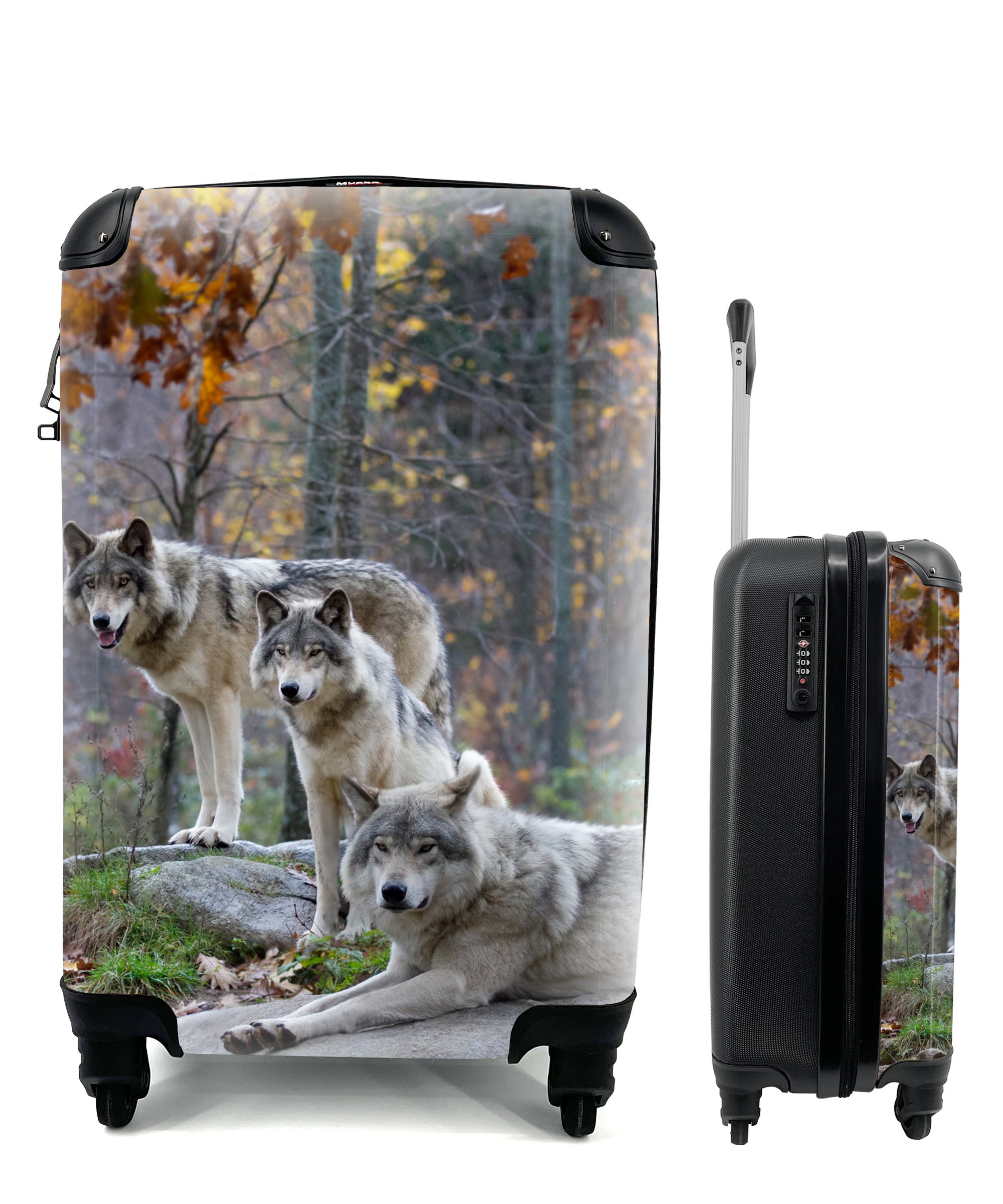 MuchoWow® Koffer Handgepäck Trolley Rollkoffer Kleine Reisekoffer mit 4 Rollen - Wölfe - Fels - Wald - Cabin Size < 55x40x23 cm & 55x40x20 cm - Fotokoffer - Kabinenkoffer - Boardgepäck - Reise-Box - Reisekoffer - Reisegepäck - Koffer mit Bild - Trolley für Kinder 68|322747140