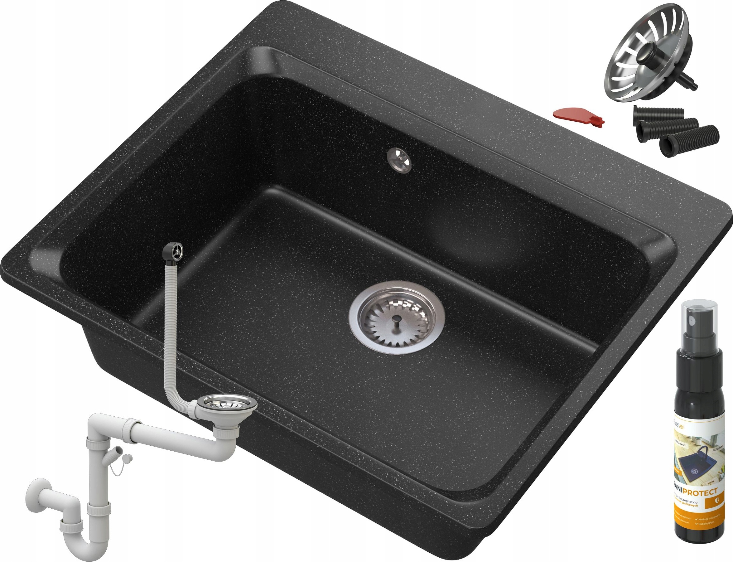 Granitan | Granitspüle ZANTE - 619 x 522 mm - Schwarz gepunktet - mit Zubehör und Pflegeprodukt