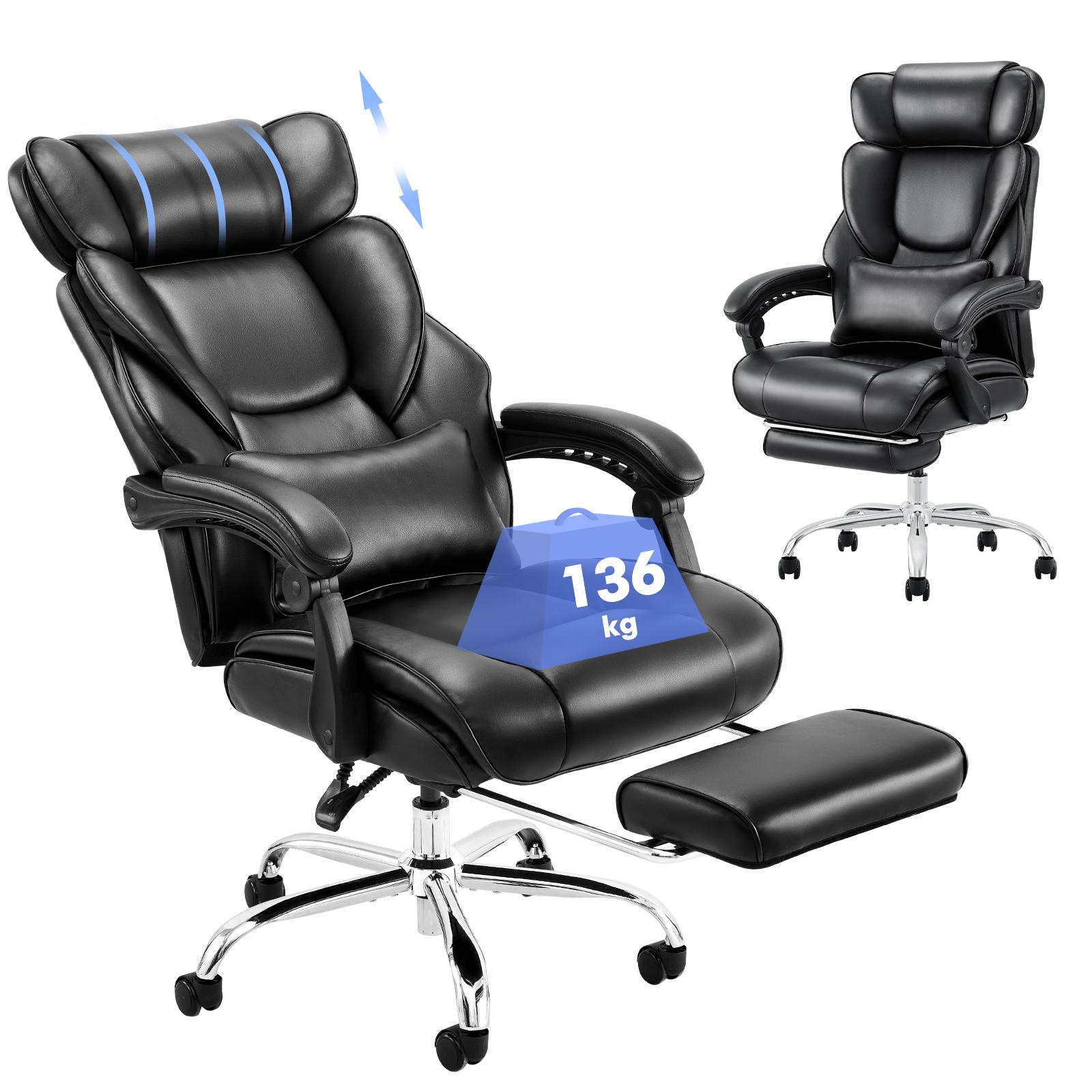 COLAMY Bürostuhl – Ergonomischer Stuhl mit Fußstütze, hoher Rückenlehne, Lendenkissen, 90–135° verstellbar, dick gepolstertes Leder, Schwarz 6754