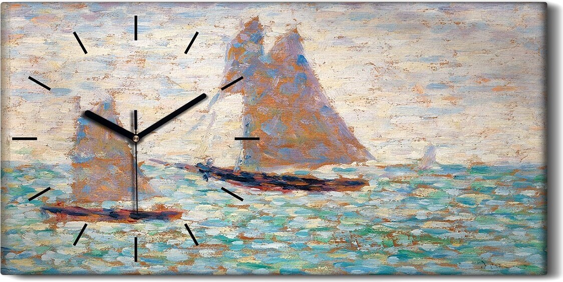 coloray Wanduhr Uhr Wandbild Leinwand Geräuschlos 60x30 Zwei Segelboote in Grandcamp - schwarze Hände 60x30-2034797-c