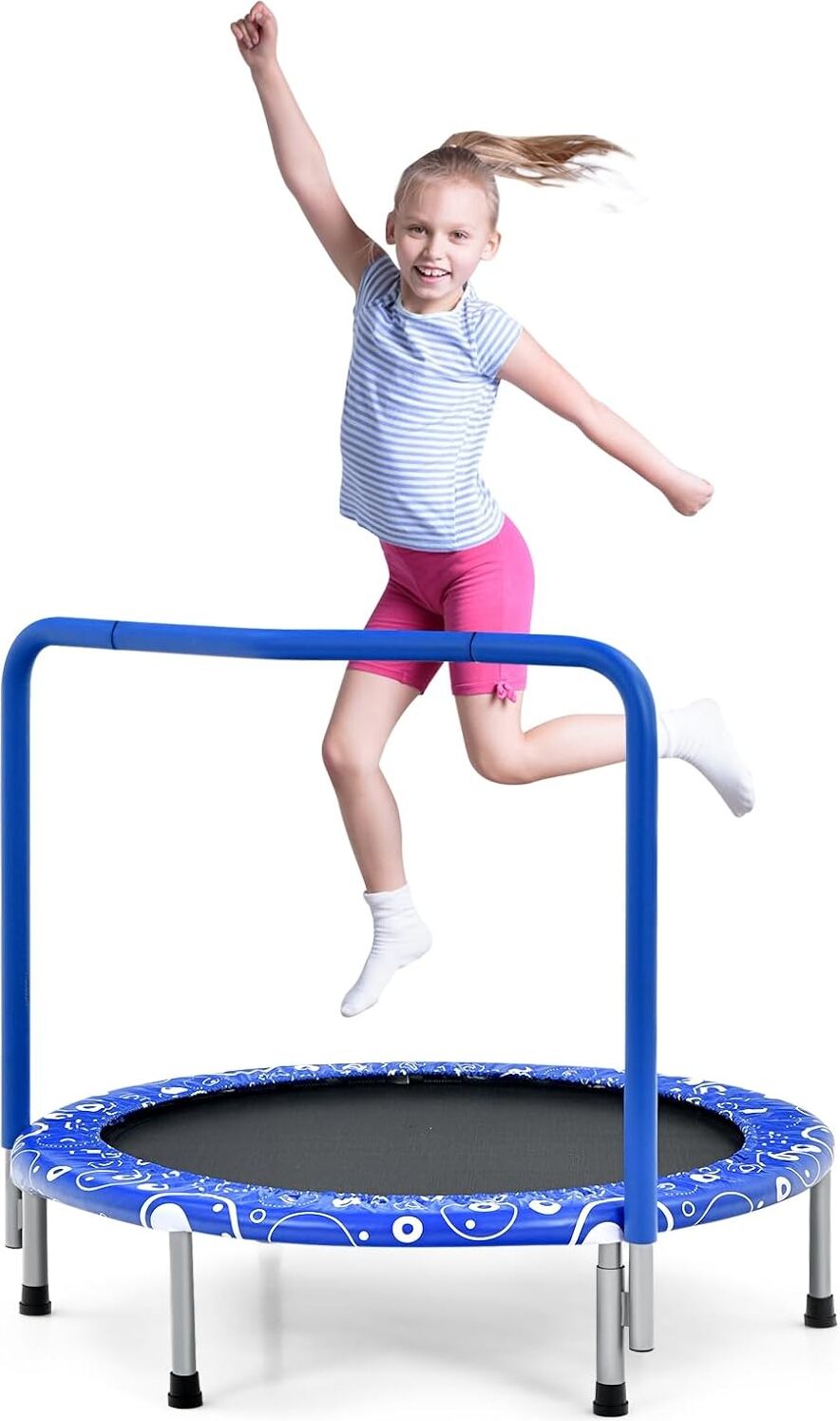 KOMFOTTEU detská mini trampolína φ92cm, skladacia detská trampolína, fitness trampolína s rukoväťou a bezpečnostným krytom, záhradná trampolína do 150kg, vnútorná a vonkajšia skákacia trampolína