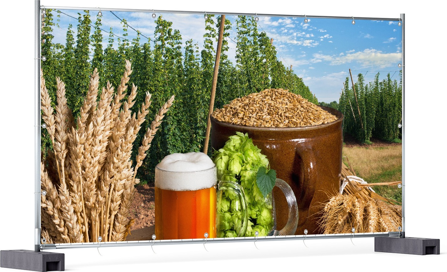 Wallario XXL Outdoor-Poster für Garten oder Balkon, Motiv Frisch gezapftes Bier, Hopfen und Malz, in ca. 340 x 173 cm goban5339-340173