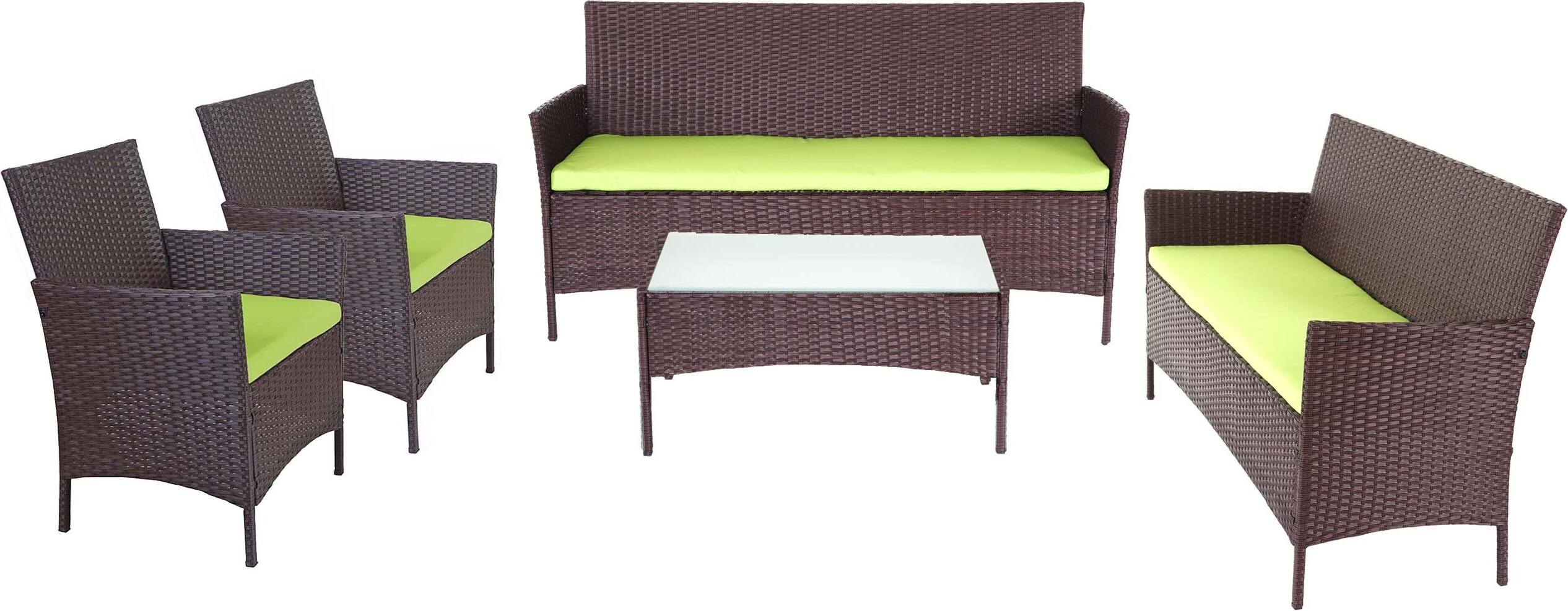 3-2-1-1 Poly-ratanová záhradná súprava Halden, Lounge Set Sofa ~ hnedá fľakatá, vankúše zelené