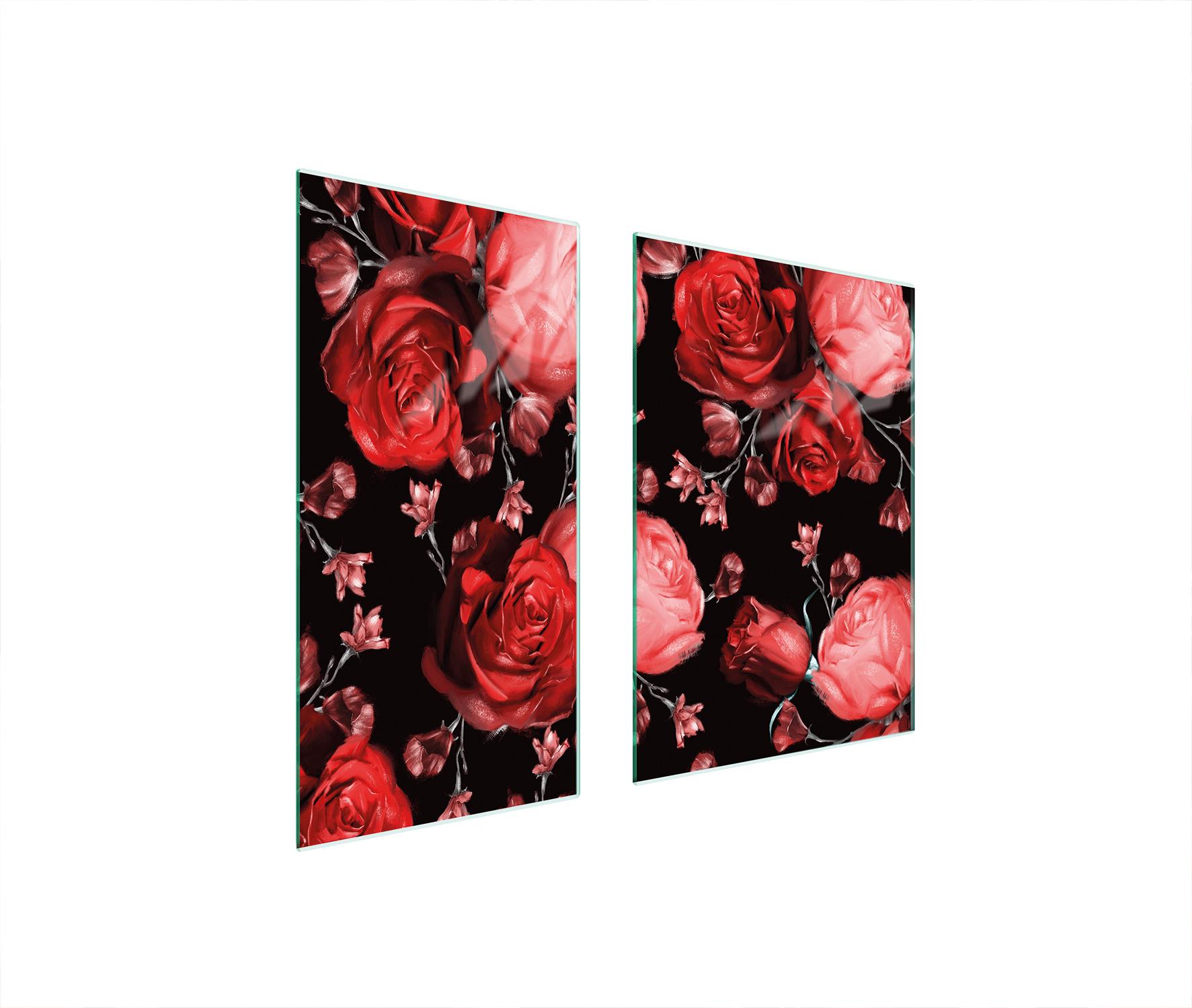 TMK ArtDeko Herdabdeckplatten 2 teilig 75x52 Ceranfeld Abdeckung Glas Schneidebrett Rosen Rot