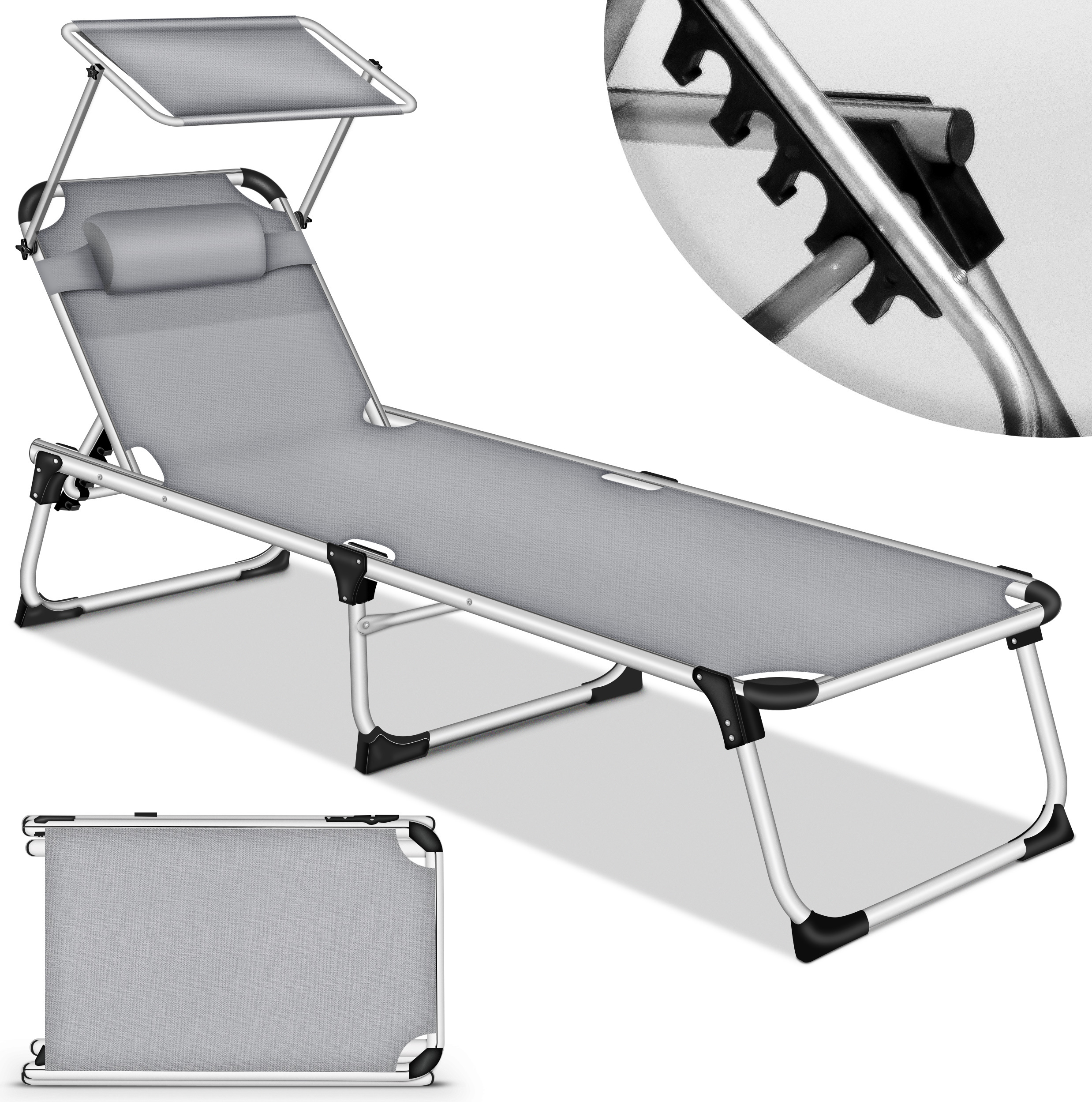 tillvex® Lehátko so strieškou a vankúšom Grey - základné čalúnenie | Záhradné lehátko skladacie | Plážové lehátko s nastaviteľným operadlom, čalúnená plocha na ležanie | Hliníkové lehátko