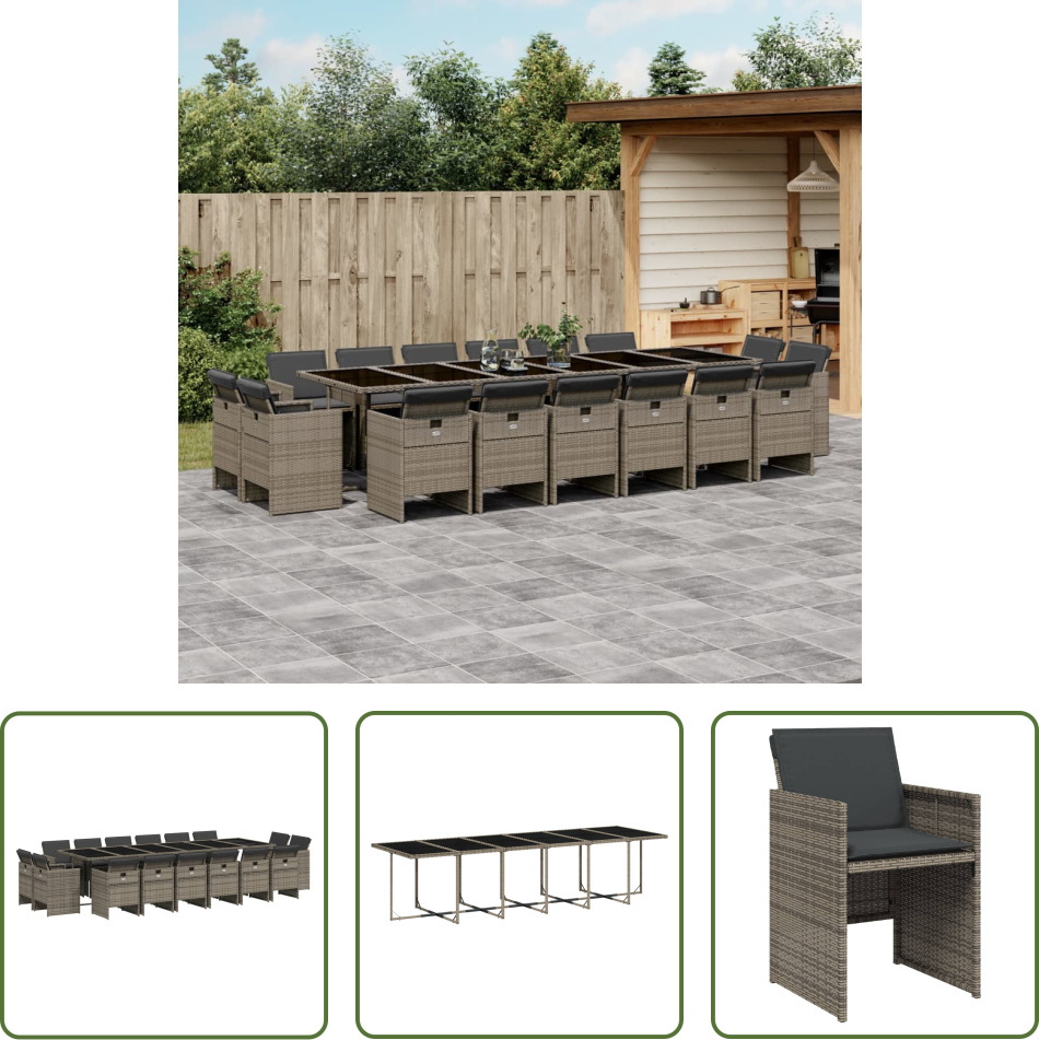 The Living Store 17-dielny záhradný jedálenský set s vankúšmi sivý polyratan