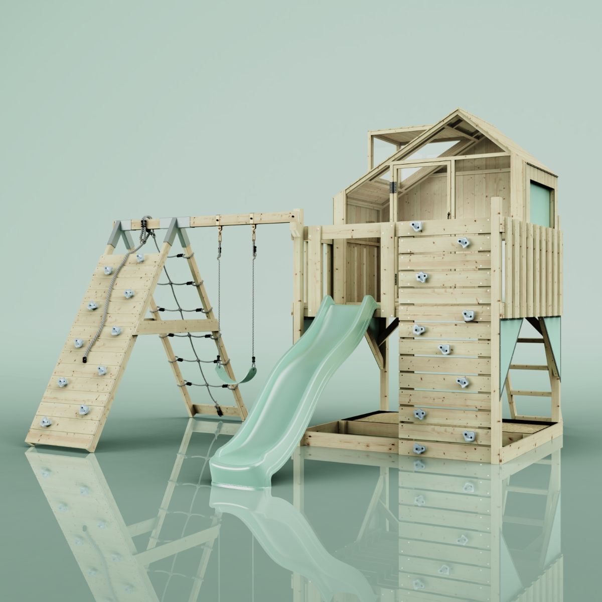 OutdoorToys Outdoor Spielturm mit Wellenrutsche, Spielhaus aus Holz mit Kletterwand, Kletternetz, Ausführung: Kinderschaukel, Farbe: Mintgrün, mit Kinderschaukel O4.5.00299.7
