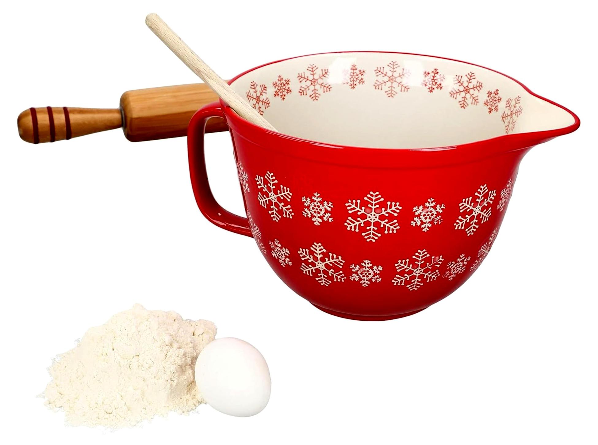 Markenlos Rührschüssel Schneeflocke 2,5L rote Steingut-Schüssel mit Ausgießtülle und Griff zum Backen