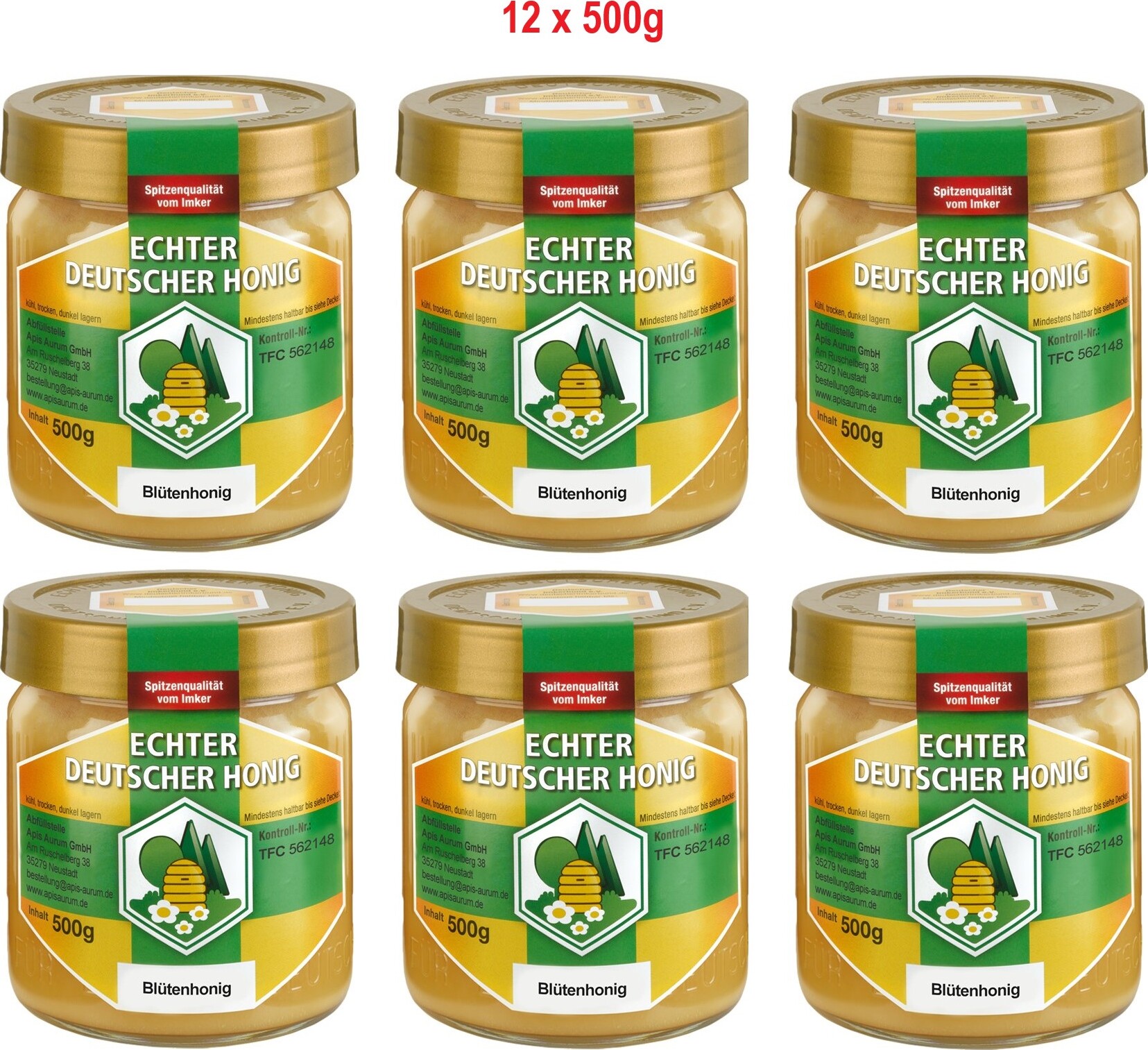 Apis Aurum GmbH Echter Deutscher Honig aus Südhessen. 12 x 500g Blütenhonig - schonend geerntet, schonend verarbeitet, fein gesiebt und ungefiltert
