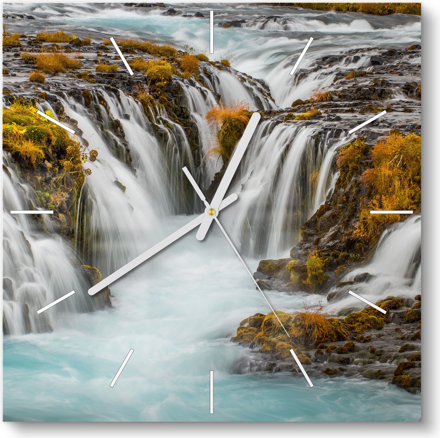DEQORI Glasuhr 30x30 cm Modern 'Herbstlicher Wasserfluss' Wanduhr Glas Uhr Design leise Küchenuhr WC-30-30-M-2564