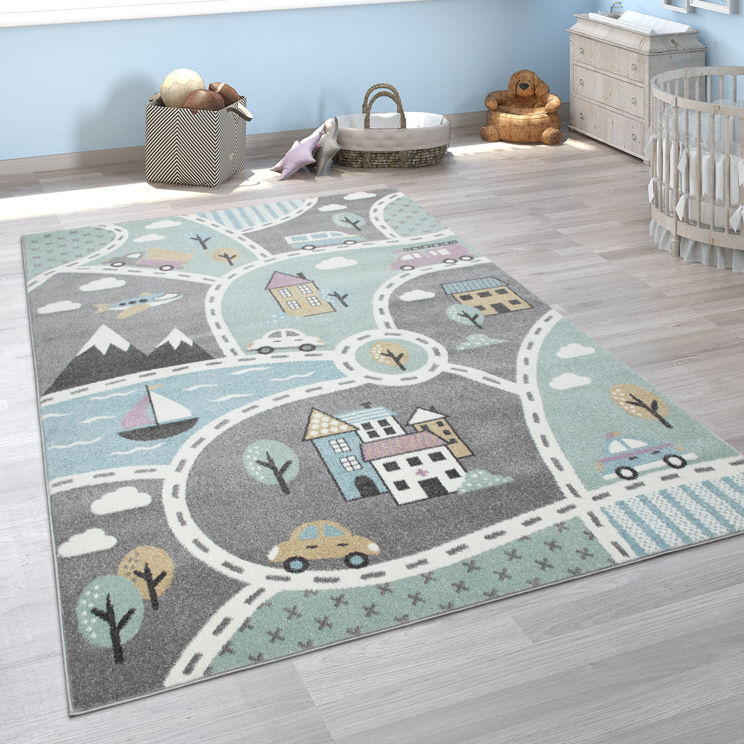 Kinderteppich Spielteppich Für Kinderzimmer Straßen Motiv Grau Blau Weiß Farbe:Silber Grösse:80x150 cm 