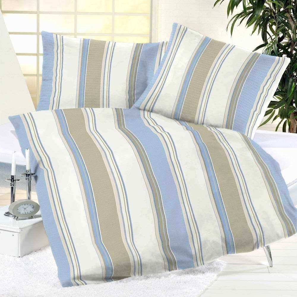 Hausmarke Magita Microfaser Bettwäsche Blau Beige Creme Streifen, 200x200 cm Übergröße