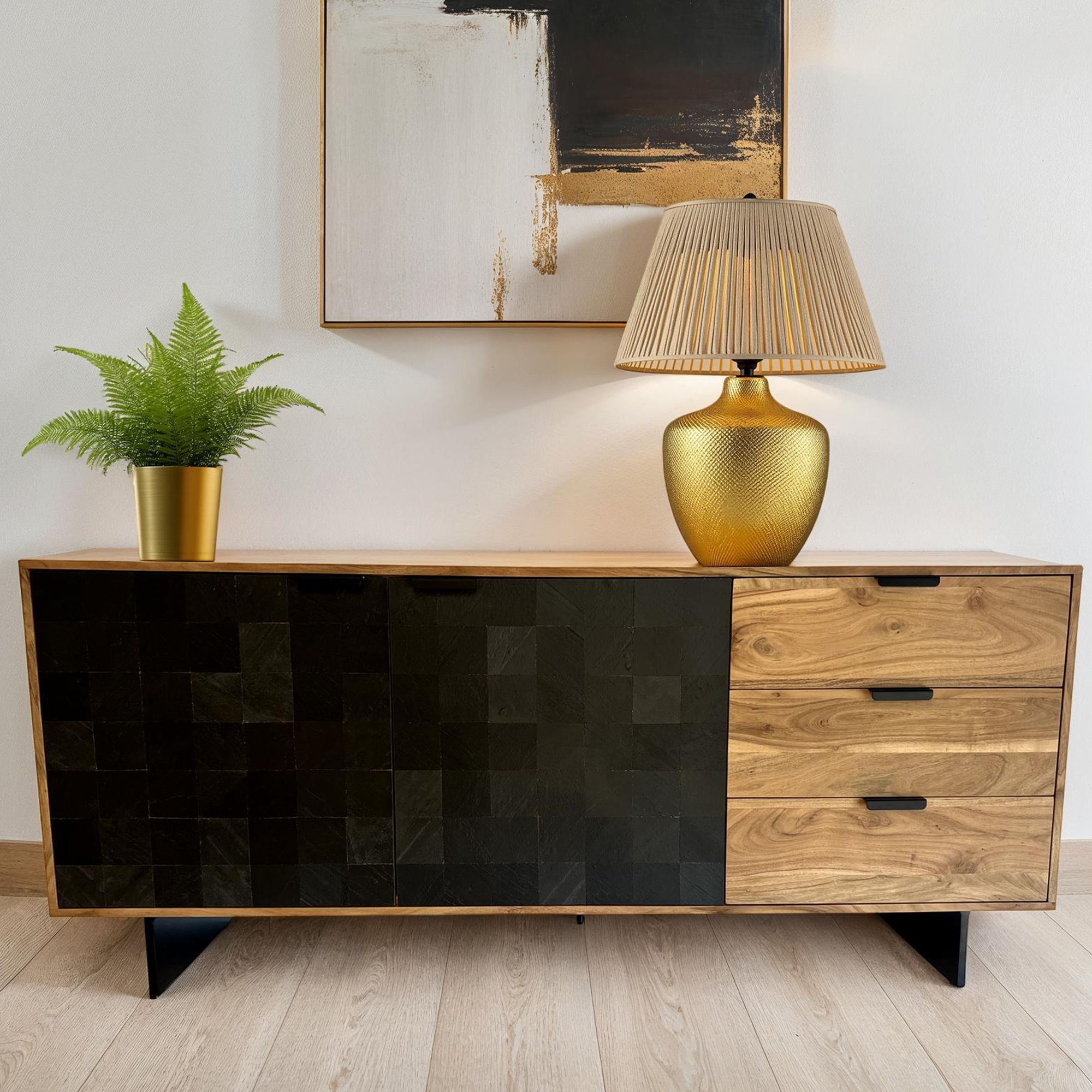 WOHNLING Sideboard 175x76x40 cm Akazie Massivholz Kommode mit Steinoptik Hoher Kommodenschrank Modern Standschrank mit 2 Türen und 3 Schubladen WL7.026