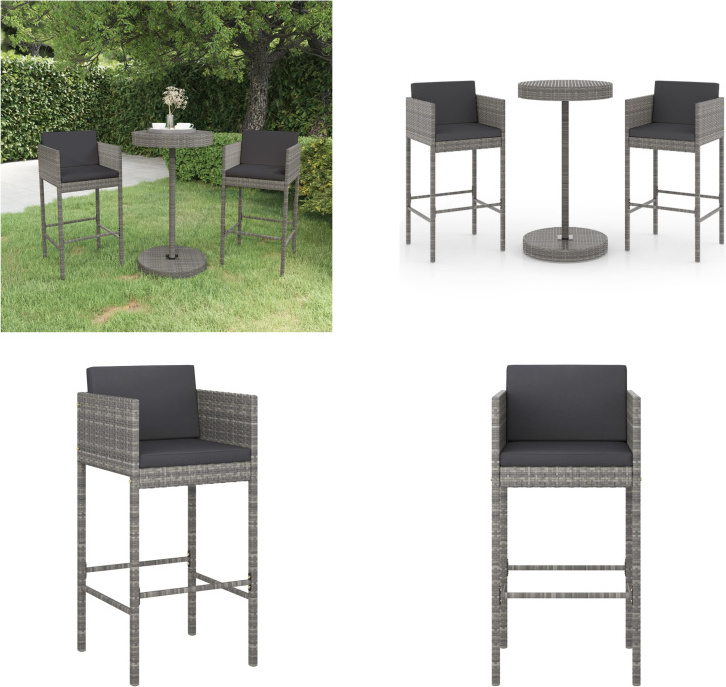 vidaXL 3-dielny záhradný barový set s vankúšmi polyratan sivý - Záhradný barový set - Záhradný barový set - Záhradné jedálenské sety