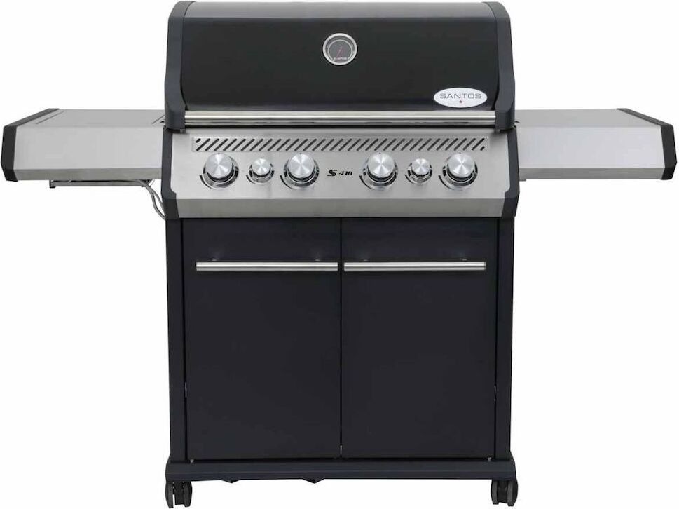 SANTOS Gasgrill S-418 mit 4 Hauptbrenner, Infrarotseitenbrenner & Heckbrenner | inkl. Drehspieß, Rostheber & Silikonablage | Schwarz