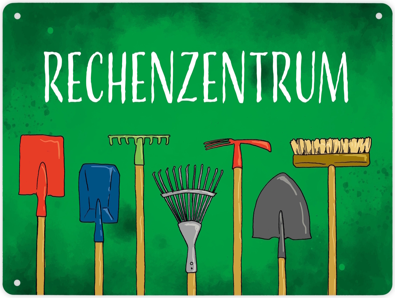 speecheese Rechenzentrum Metallschild XL in 21x28 cm mit Gartengeräten
