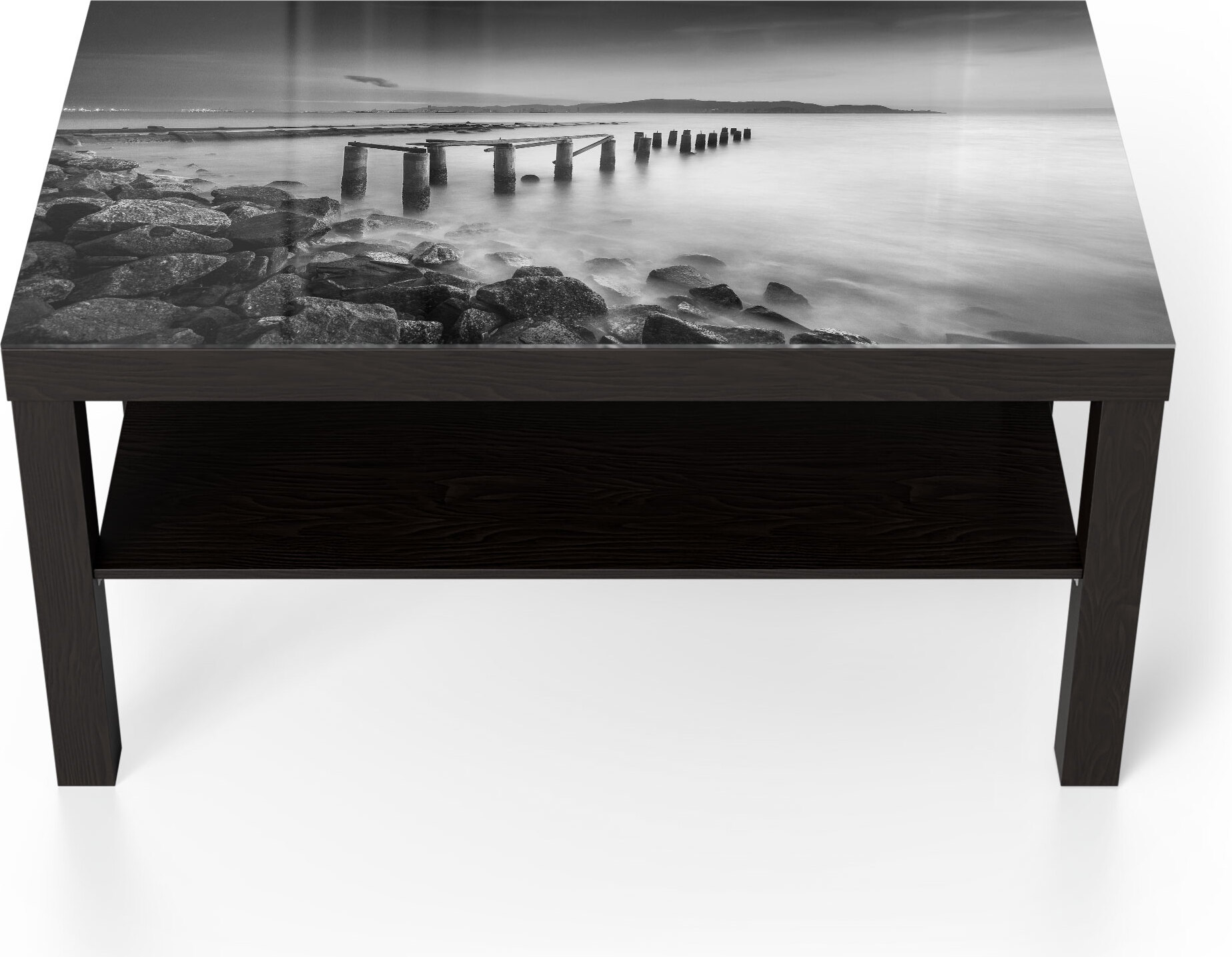 DEQORI Couchtisch 90x55 cm Schwarz 'Alte Anlegestelle am Meer' Glas Beistelltisch TL-90-55-B-1653
