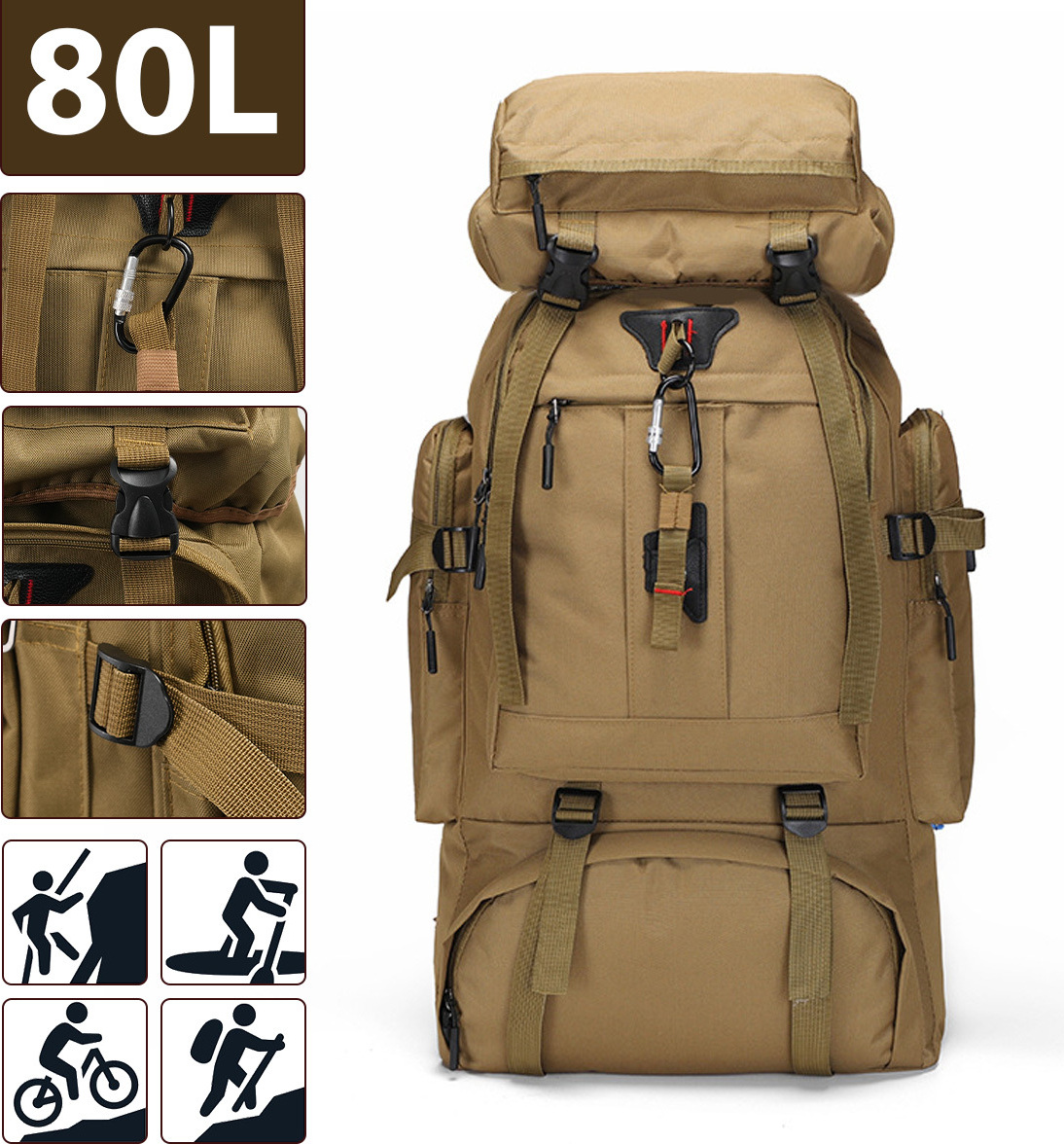 7MAGIC Wanderrucksack 80L, Herren Rucksäcke Wasserdicht Wanderrucksäcke Rucksack Backpack Reiserucksack Trekkingrucksack Outdoor Camouflage Daypacks, Khaki 809-Y