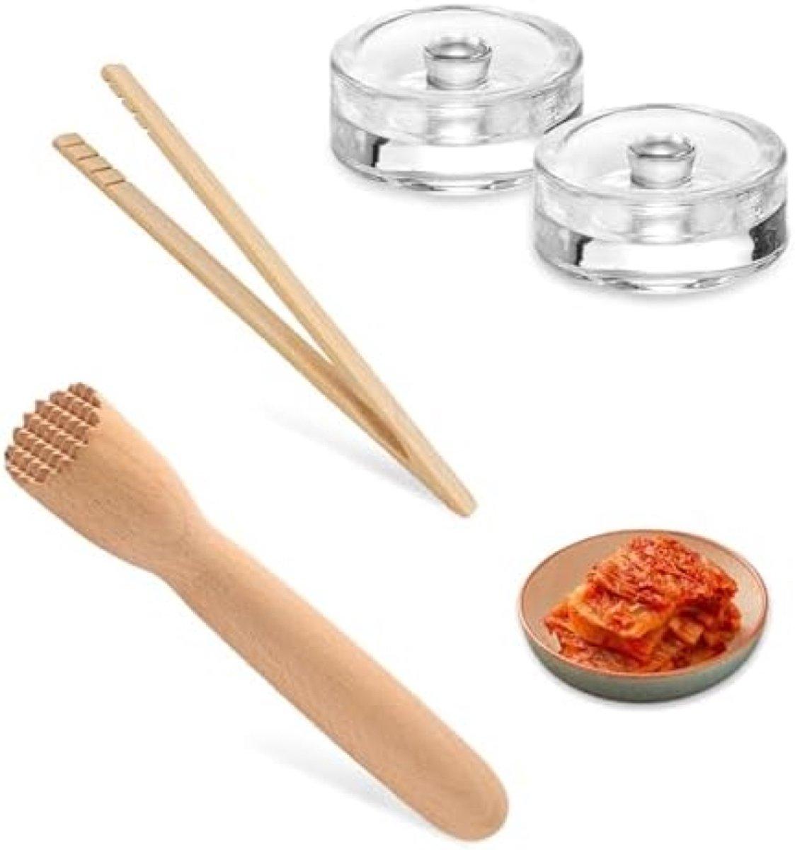 PolkaHome® Glasfermentationsgewichte-Set mit Holzzubehör – 2 runde Gläser, 7 cm Durchmesser, BPA-frei