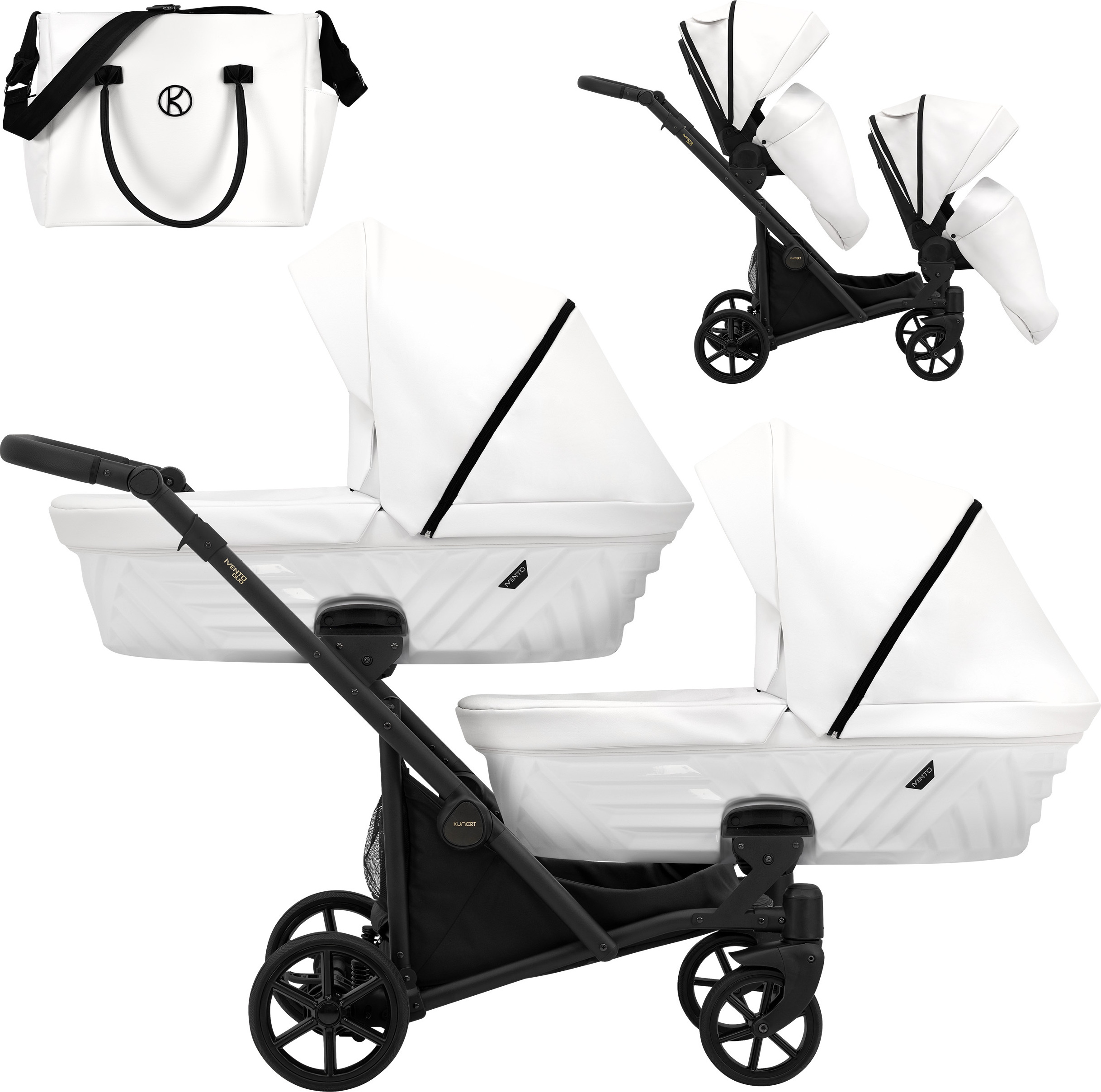 Kinderwagen IVENTO DUO 2 in 1 Komplettset Zwillingskinderwagen Geschwisterwagen Zwillingsbuggy Doppelkinderwagen (White Pearl, Rahmenfarbe: schwarz)