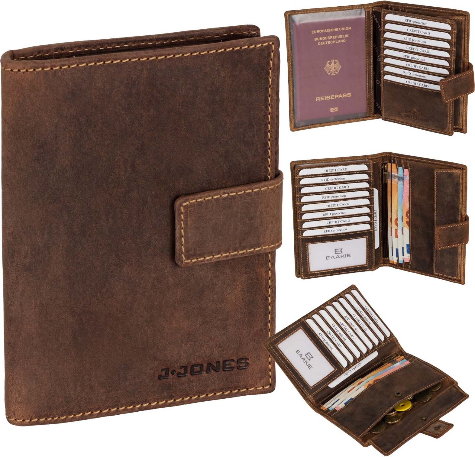 Jennifer Jones Leather Herren Leder Brieftasche RFID große Geldbörse Reisepass Geldbeutel Kartenfächer (5494)