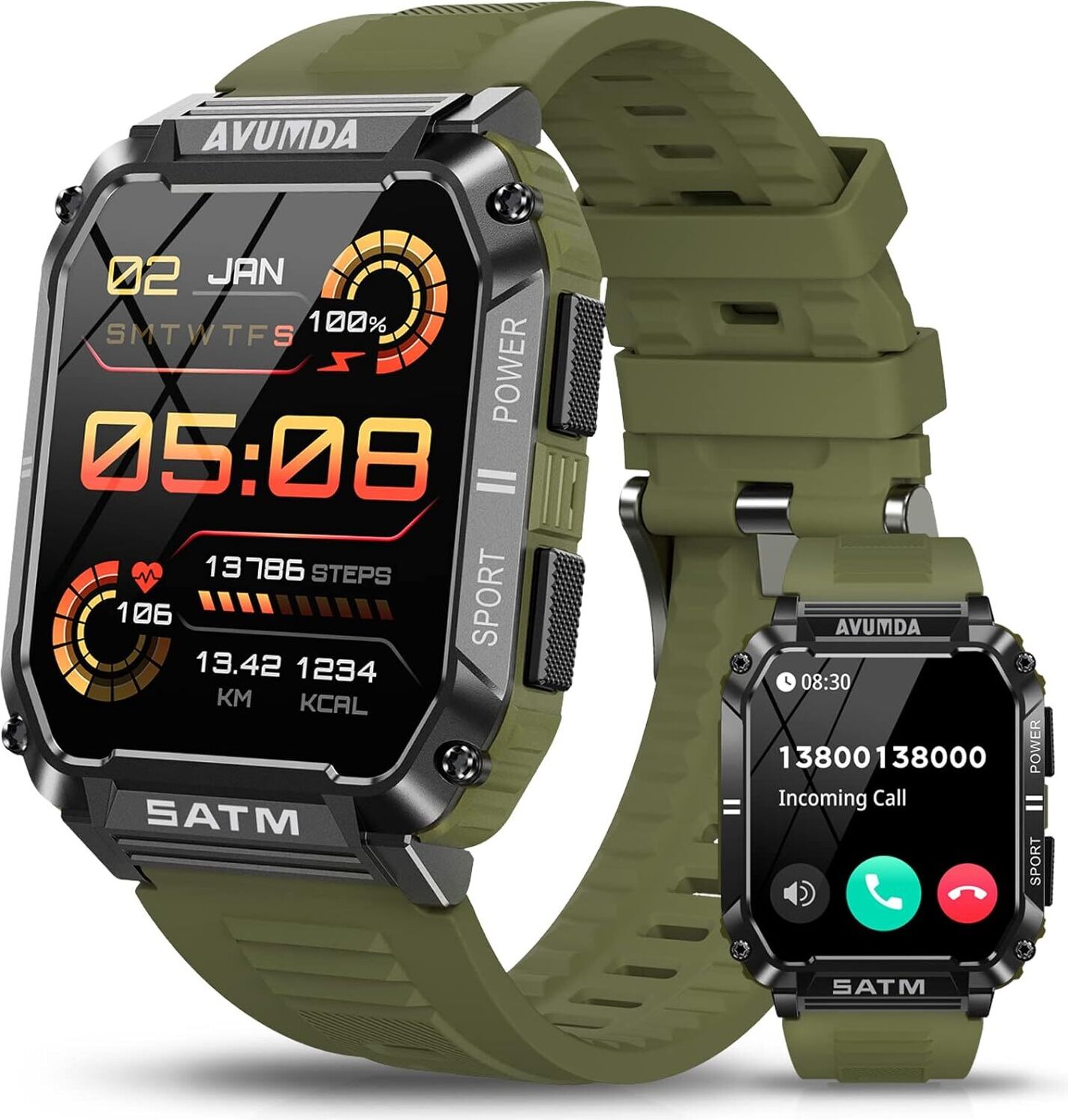 AVUMDA Herren Smartwatch mit Telefonfunktion, 1,95 Zoll Sportuhr mit Blutdruckmessgerät, SpO2, Herzfrequenz, Schrittzähler, 123 Sportmodi Android IOS