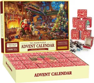 Adventný kalendár 2024 Vianočné puzzle, 24 políčok - 1008 dielikov puzzle, Otec Vianoc pripravuje darčeky, odpočítavanie do Vianoc