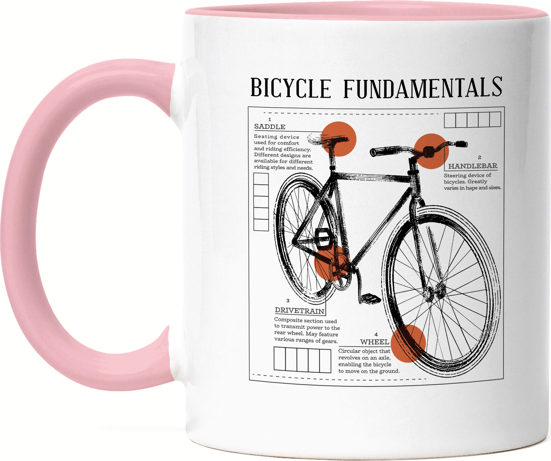Hey!Print Bicycle Fundamentals Tasse Rota Fahrrad Motiv für Sportbegeisterte und Hobby Radfahrer Fahrradfahrer Fahrradfahrerin HP-1207-T-Rosa