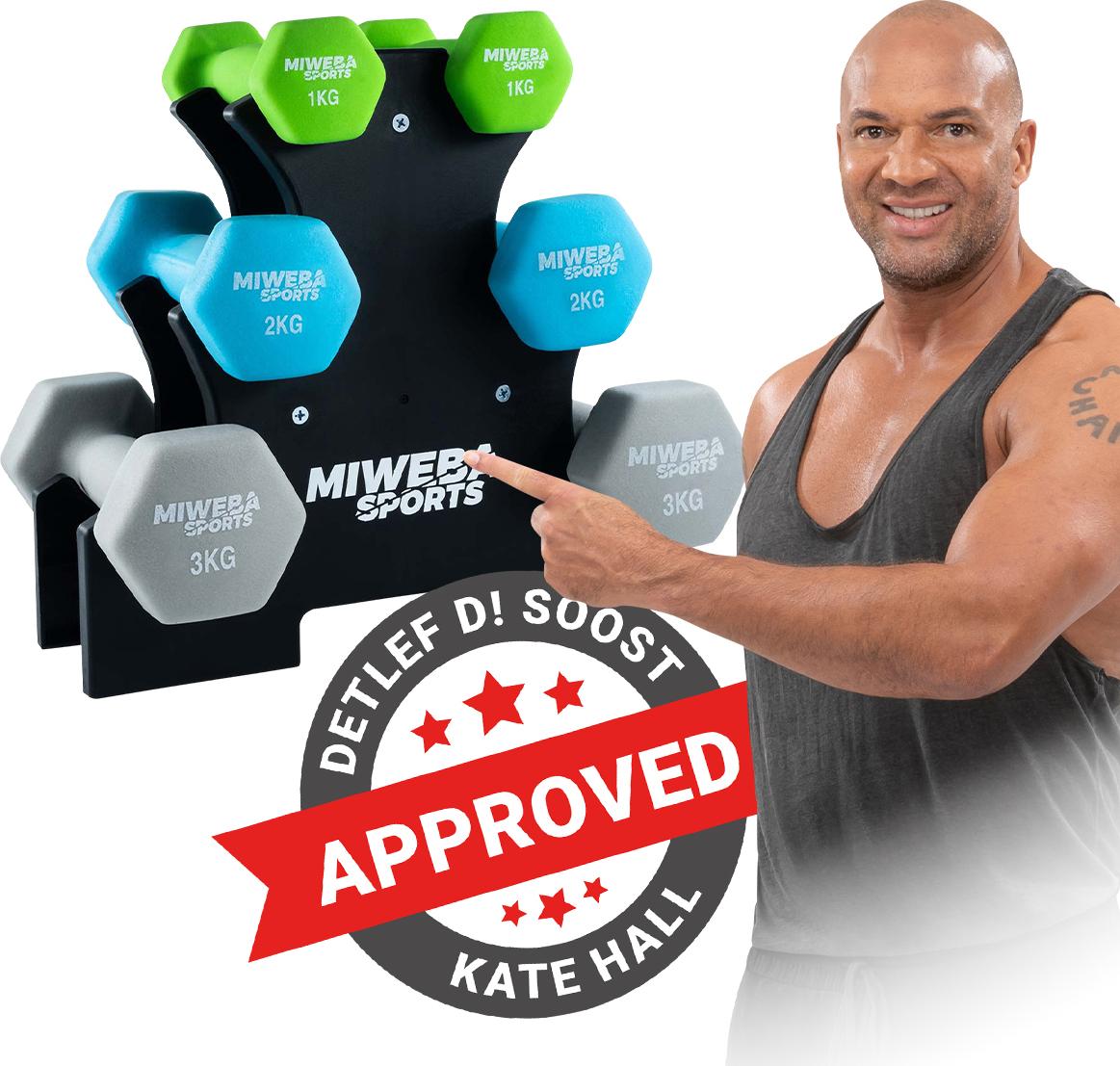 Miweba Sports Hantelset Kurzhanteln | Kurzhantel Set mit Hantelablage - 6-tlg - Kurzhanteln 1 kg Grün, 2 kg Türkis, 3 kg Grau - Neopren Hanteln PR0029468-02