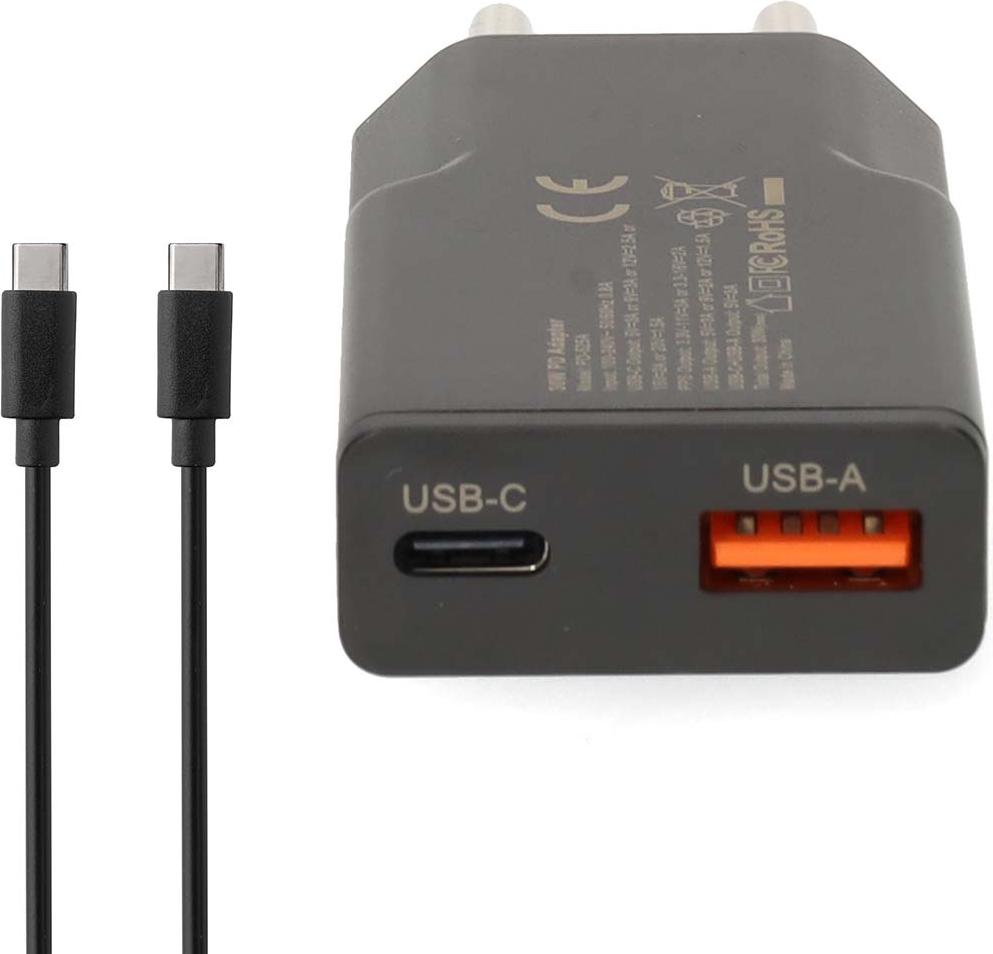 Dvojportová nástenná nabíjačka GaN, 30 W, USB-C a USB-A, čierna