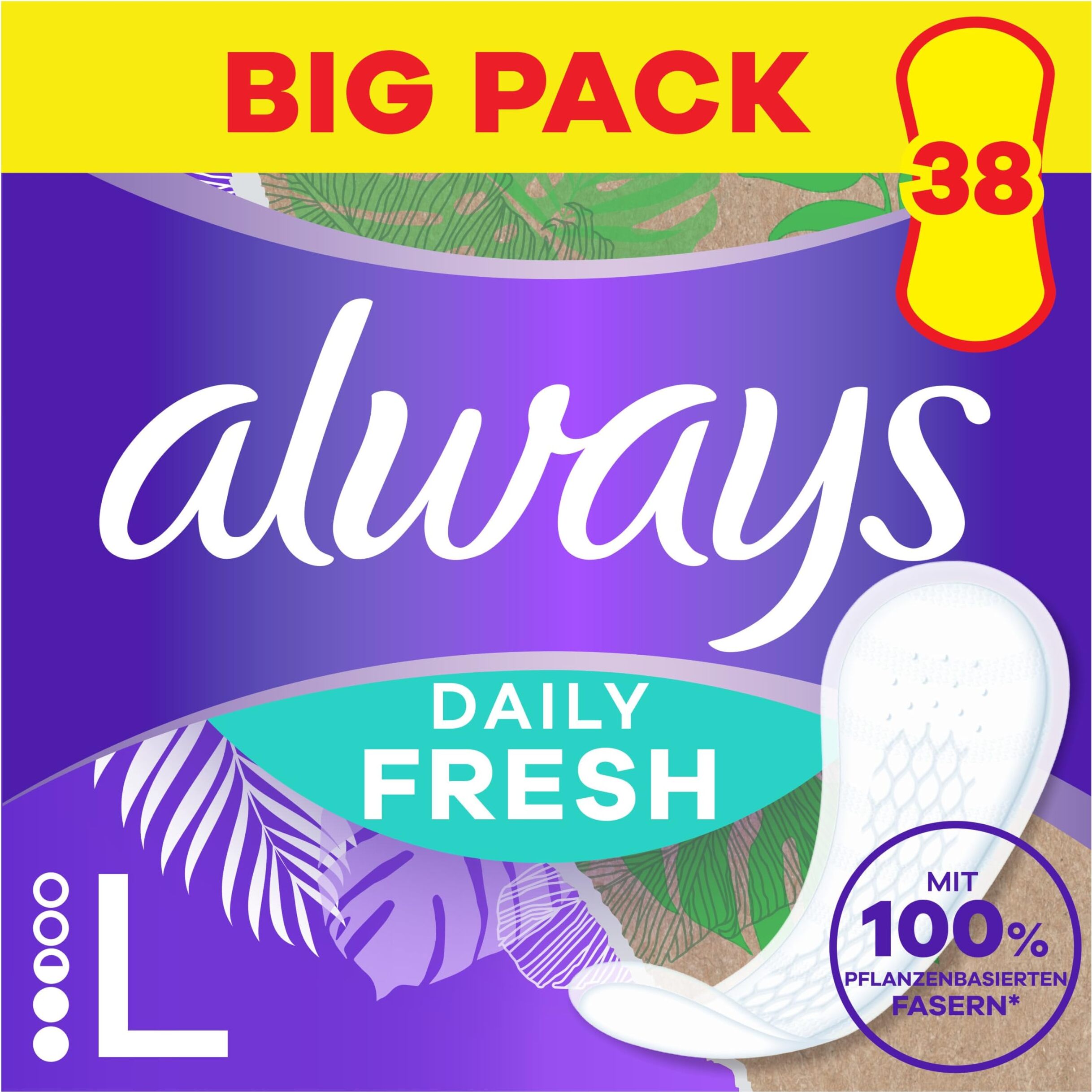 Always Daily Fresh Slipeinlagen Long, mit 100% pflanzenbasierten Fasern, 38 Stück, ohne Duft, bis zu 12 Stunden Schutz, ohne Duft Large