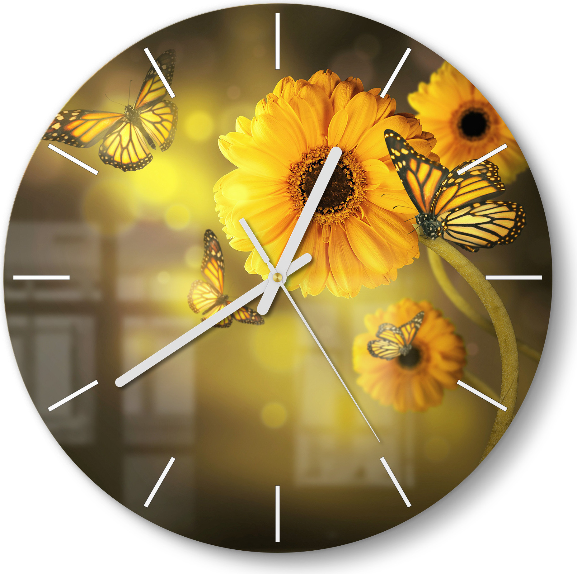 DEQORI Glasuhr Ø30 cm Modern 'Frühlingsfreude' Wanduhr Glas Uhr Design leise Küchenuhr WC-D30-M-3683