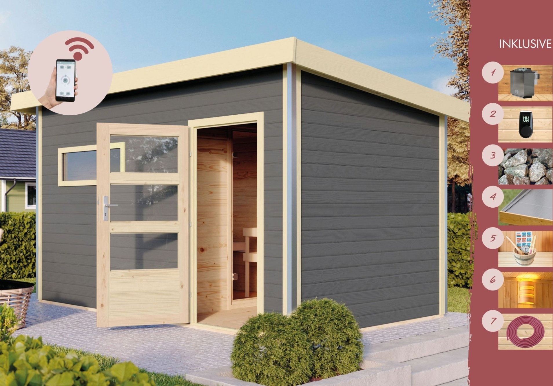 Karibu Saunahaus Außensauna Gartensauna Außensauna JOOST 3 terragrau 38mm Wandstärke 396 x 231 cm großes Sparset mit Ofen und Steuergerät 1127