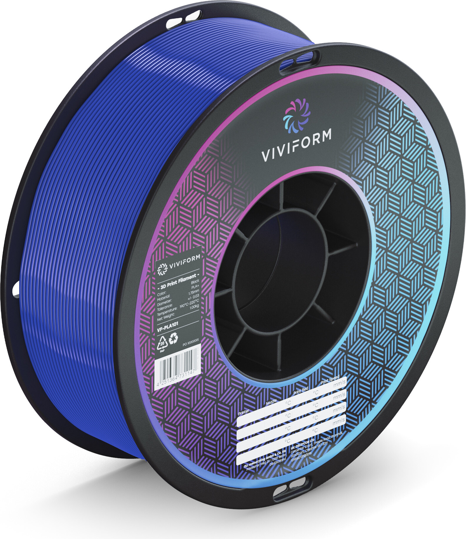 viviform.com Viviform PLA+ Filament für 3D Drucker, 1kg Rolle, Durchmesser 1,75mm +/- 0,03mm, Blau VF-PLA104