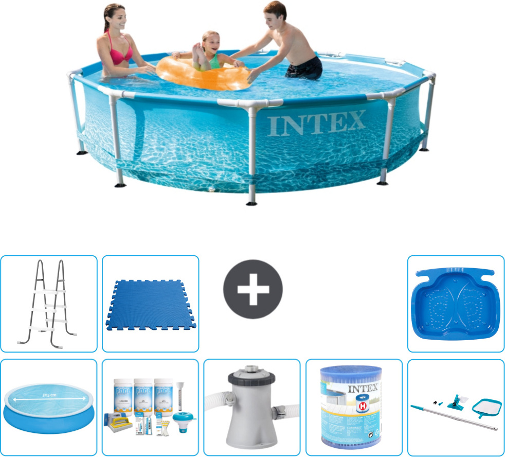 Bazén Intex s okrúhlym rámom - 305 x 76 cm - tlak vody - obsahuje markízu - balík na údržbu - filtračné čerpadlo pre bazén - filter - čistiaca súprava - rebrík