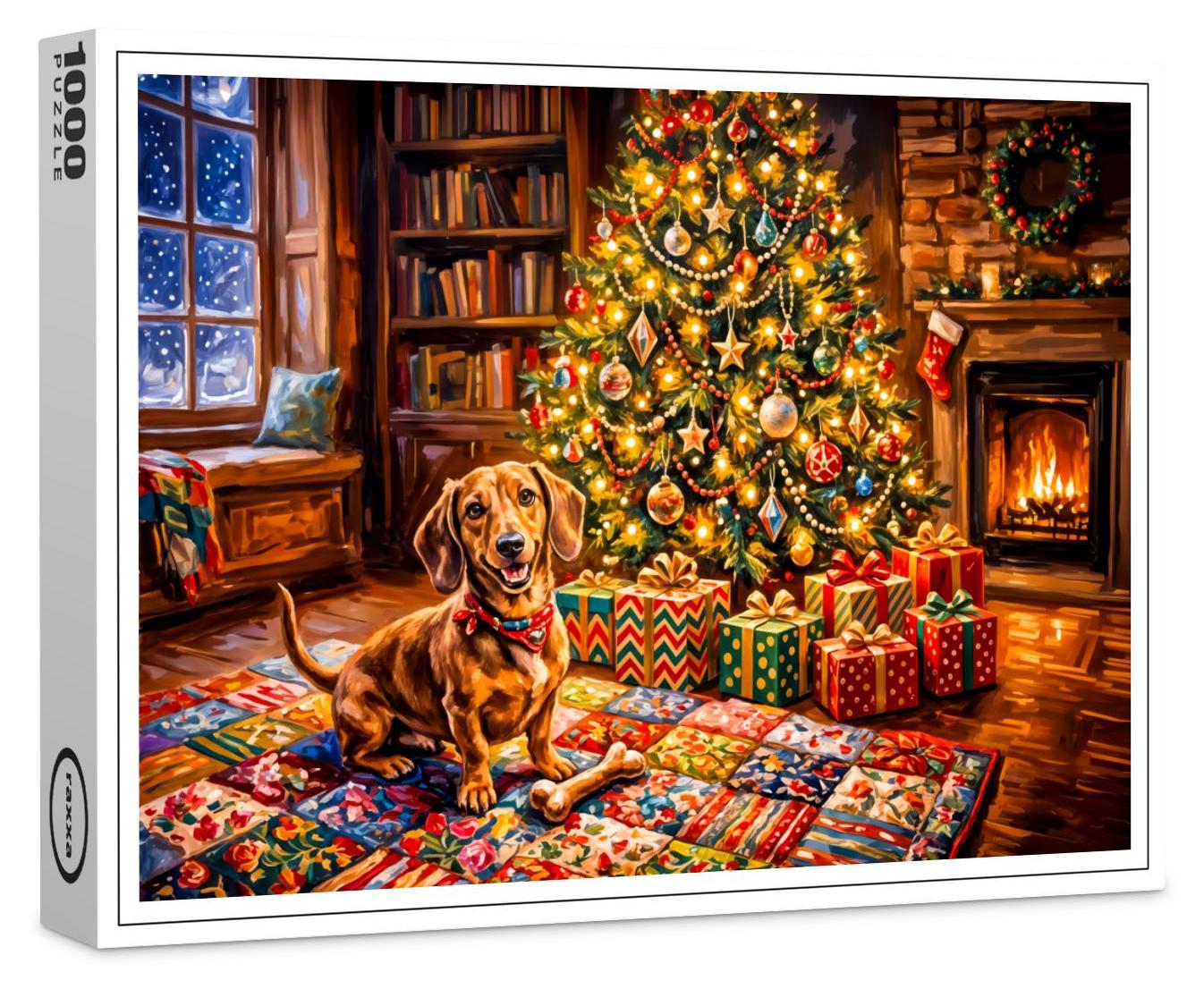 raxxa Premium-Puzzle "Dachshund Resting Beside Cozy Christmas Tree Fireplace", 1000 Teile 1-14270-25071-371