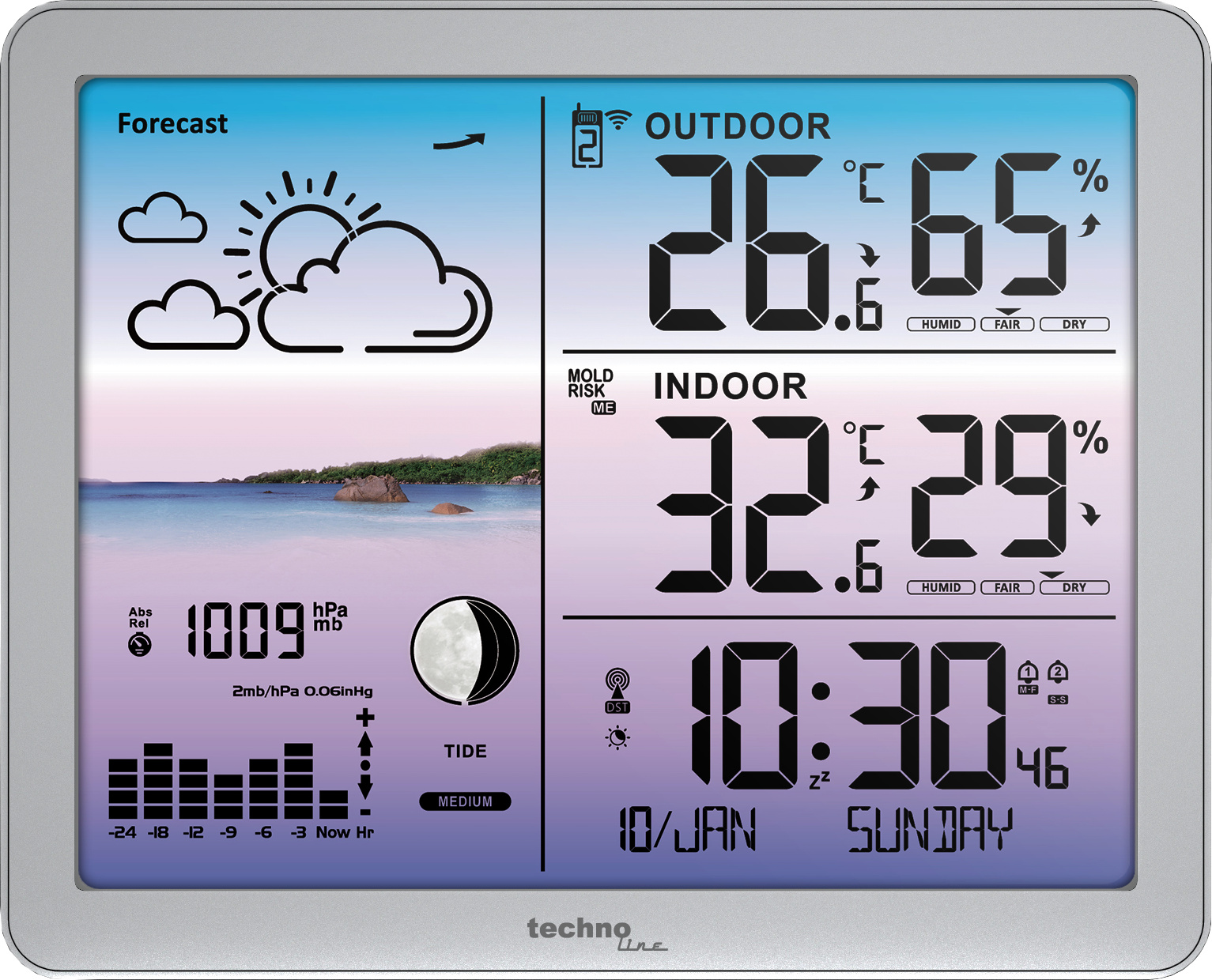 Technoline WS 6520, Grau, Innen-Hygrometer, Innen-Thermometer, Außen-Barometer, Außen-Hygrometer, Außen-Thermometer, Hygrometer, Thermometer, LCD, 173 mm, 27 mm
