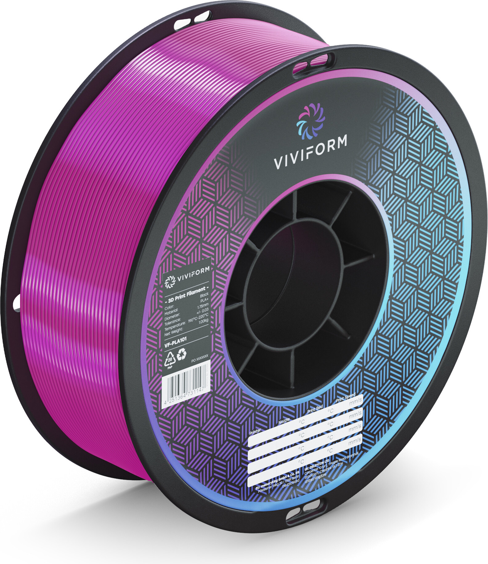 viviform.com Viviform silk PLA Filament für 3D Drucker, 1kg Rolle, Durchmesser 1,75mm +/- 0,03mm, Violett VF-PLA404