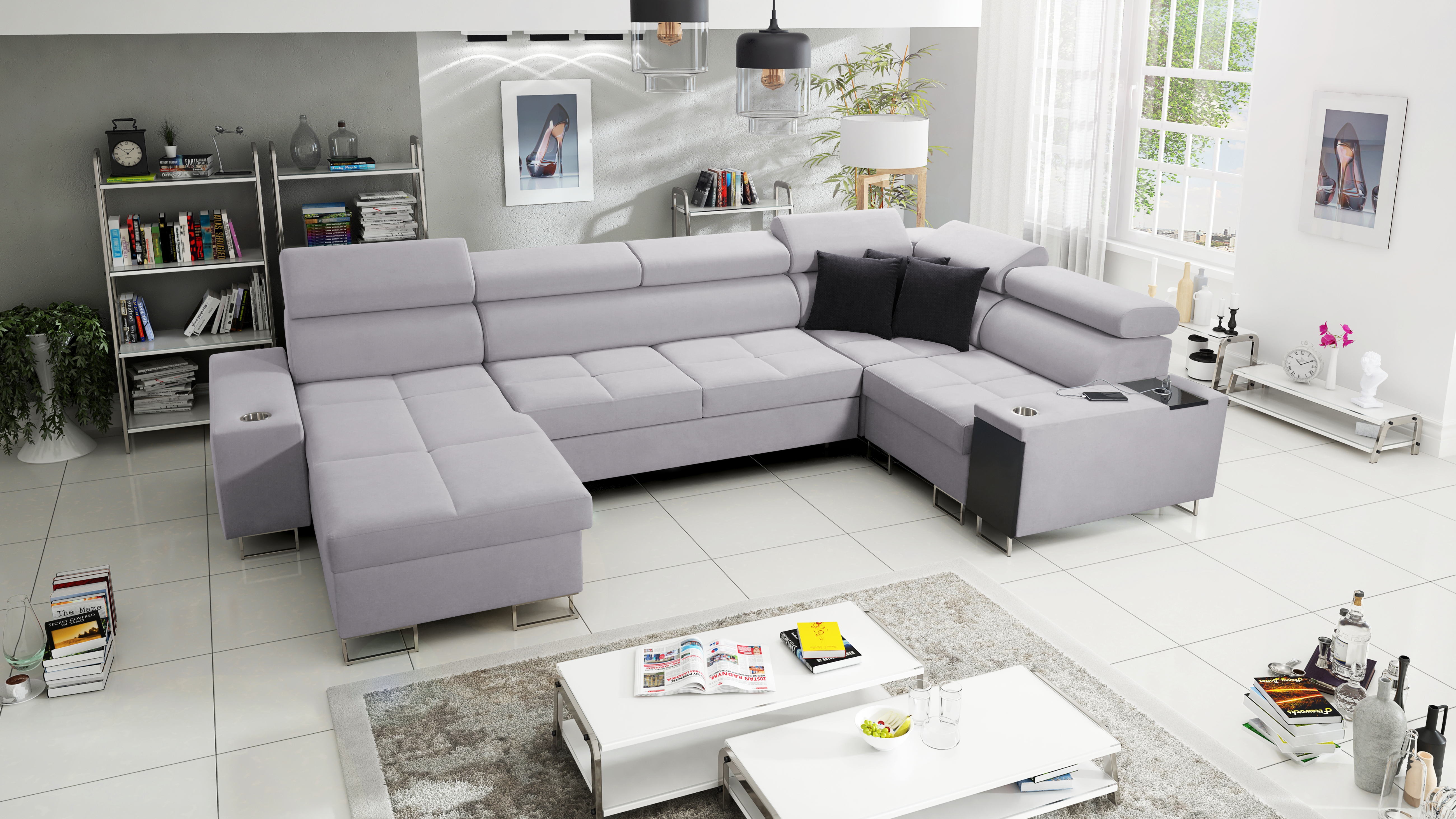 Wohnzimmer Couch Ecksofa MOREN IV MAXI Big Sofa Ottomane Links Eckcouch mit Schlaffunktion Grau Stoff SAWANA 84