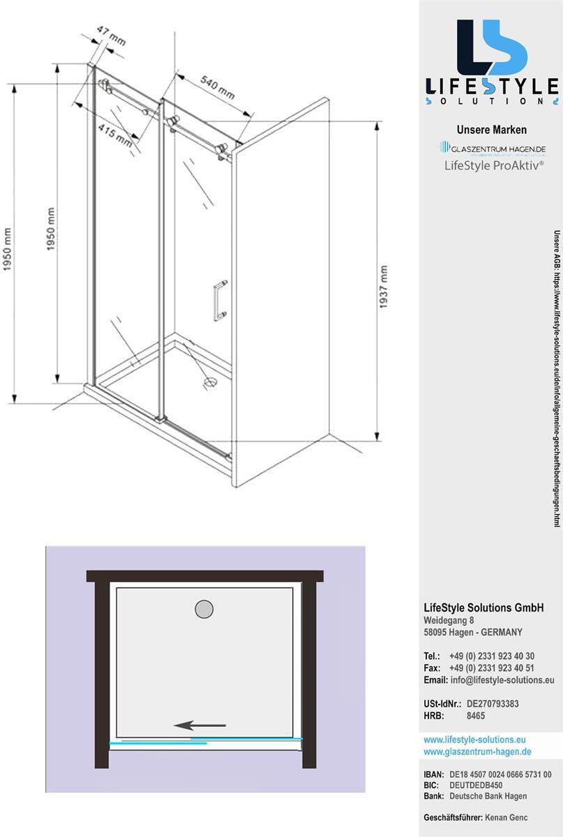 Glaszentrum Hagen 100x195 cm Schiebetür Duschtür ESG Glas GH-1802N-100
